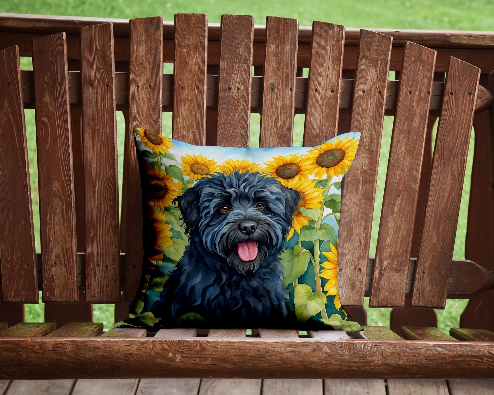 Puli in Sunflowers Decorative Throw Pillow 14x14 Indoor Outdoor Accent Cushion, Fabric Cover with Insert for Sofa, Bed, Porch & Living Room