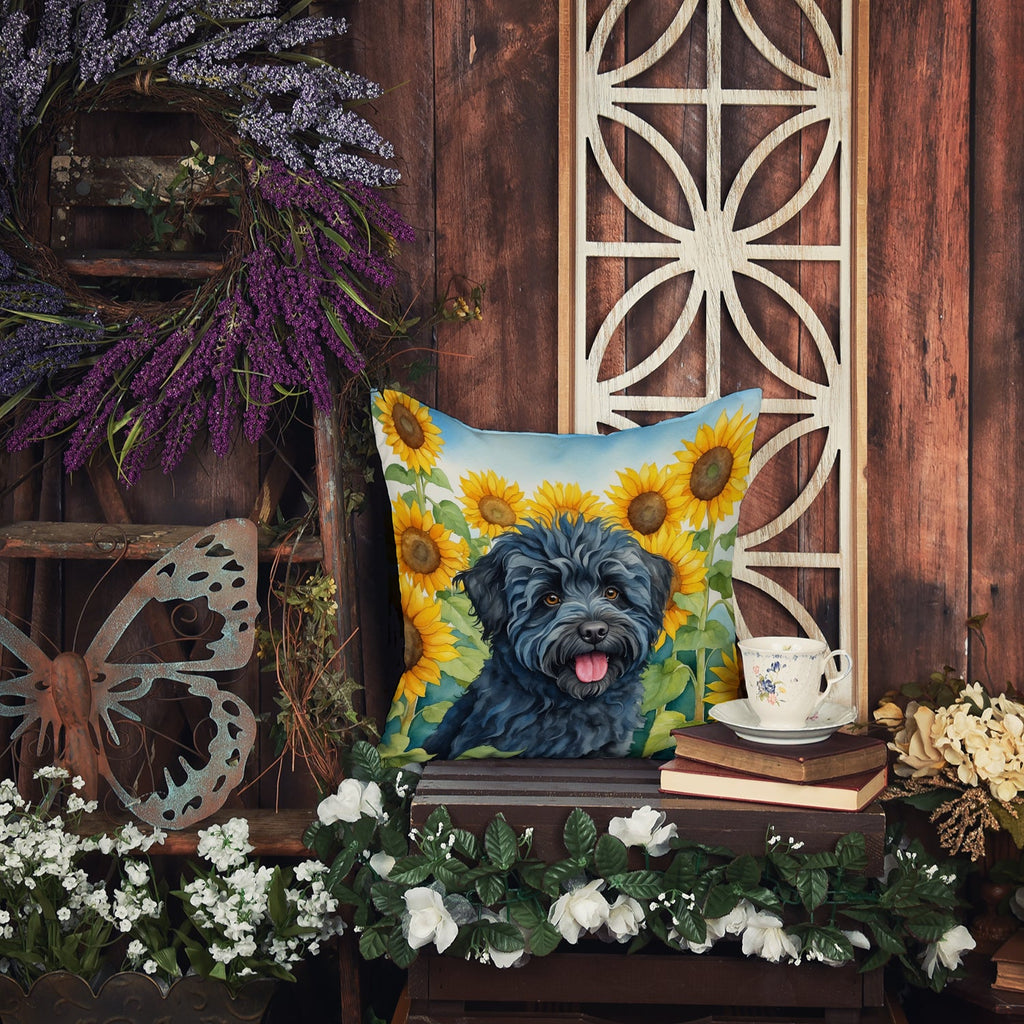 Puli in Sunflowers Decorative Throw Pillow 14x14 Indoor Outdoor Accent Cushion, Fabric Cover with Insert for Sofa, Bed, Porch & Living Room