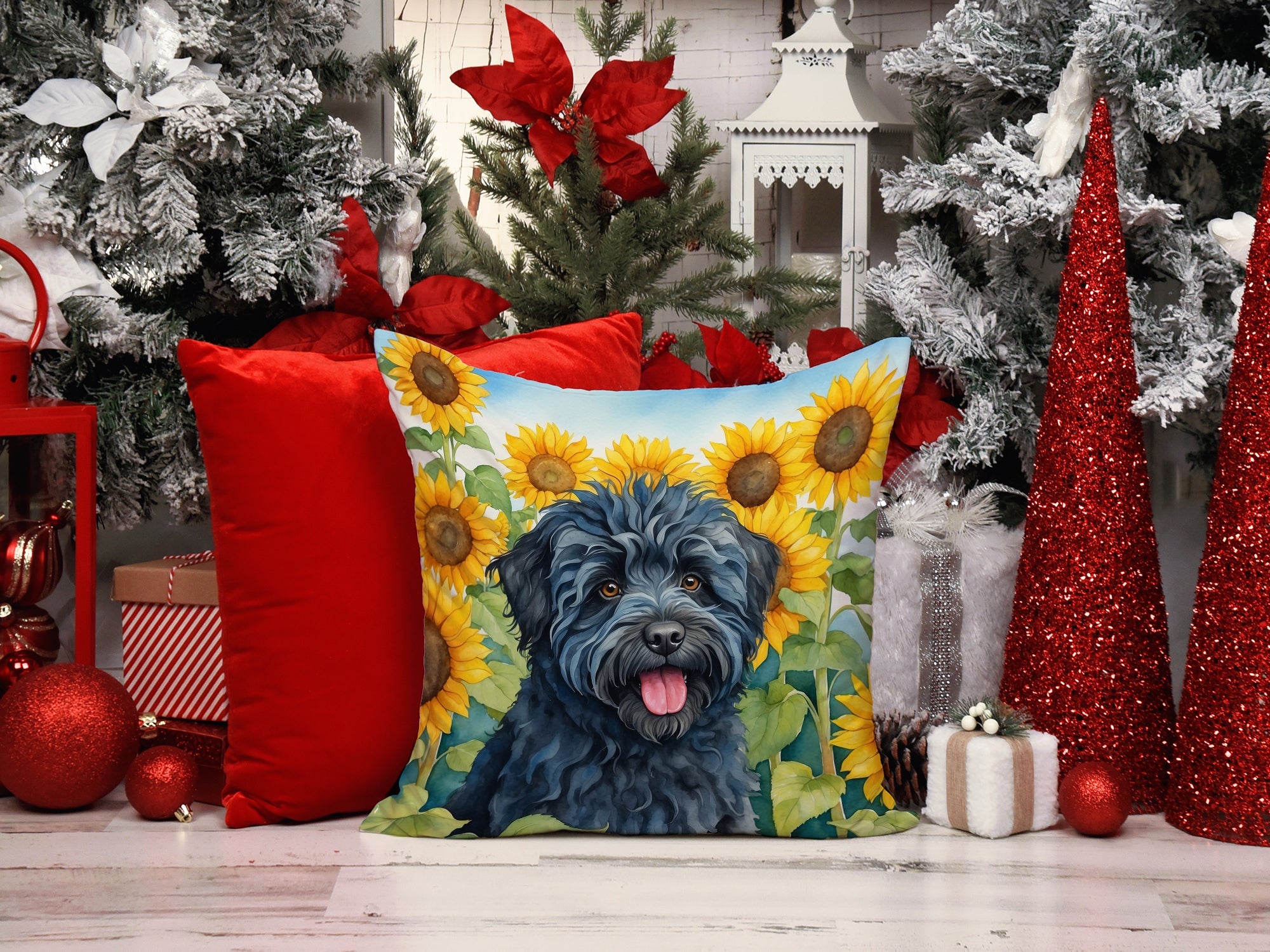 Puli in Sunflowers Decorative Throw Pillow 14x14 Indoor Outdoor Accent Cushion, Fabric Cover with Insert for Sofa, Bed, Porch & Living Room