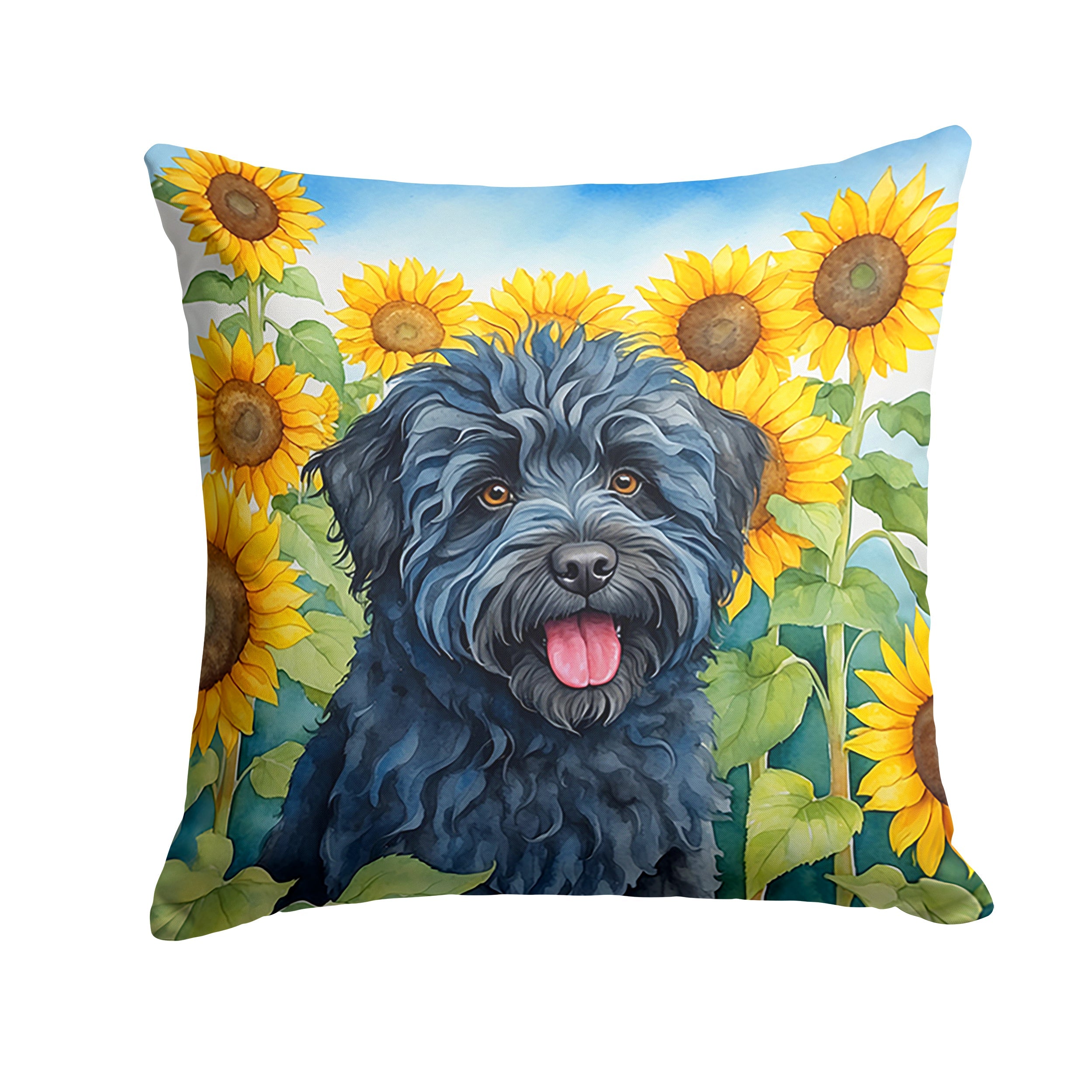 Puli in Sunflowers Decorative Throw Pillow 18x18 Indoor Outdoor Accent Cushion, Fabric Cover with Insert for Sofa, Bed, Porch & Living Room