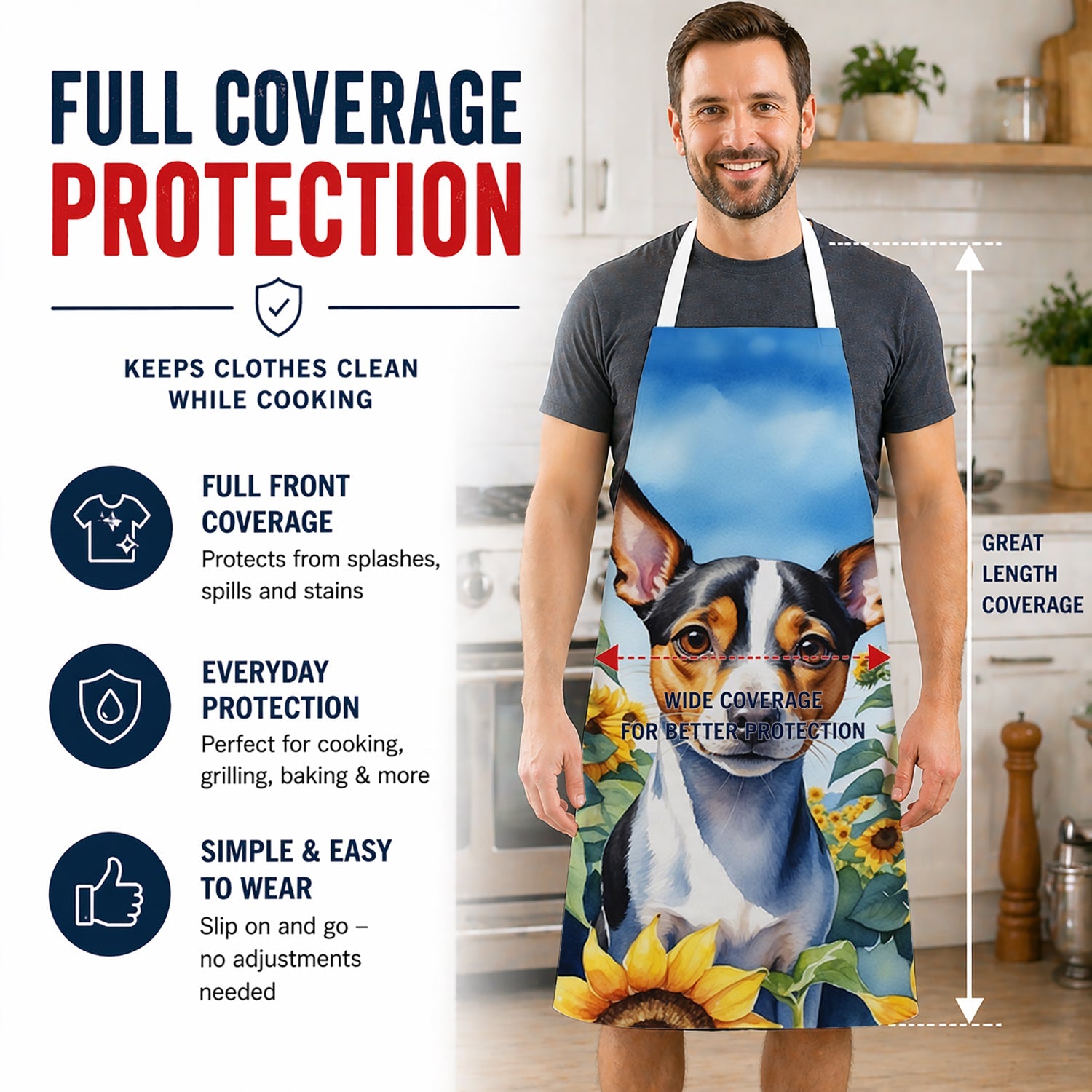 Rat Terrier in Sunflowers Apron Cooking Kitchen Server Baking Crafts Gardening for Adult Women Men, Unisex, Large, Multicolor