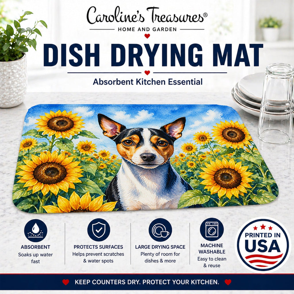Rat Terrier in Sunflowers Dish Drying Mat Absorbent Dish Drying Mat Pad for Kitchen Counter Dish Drainer Mat for Countertop, 14 x 21", Multicolor