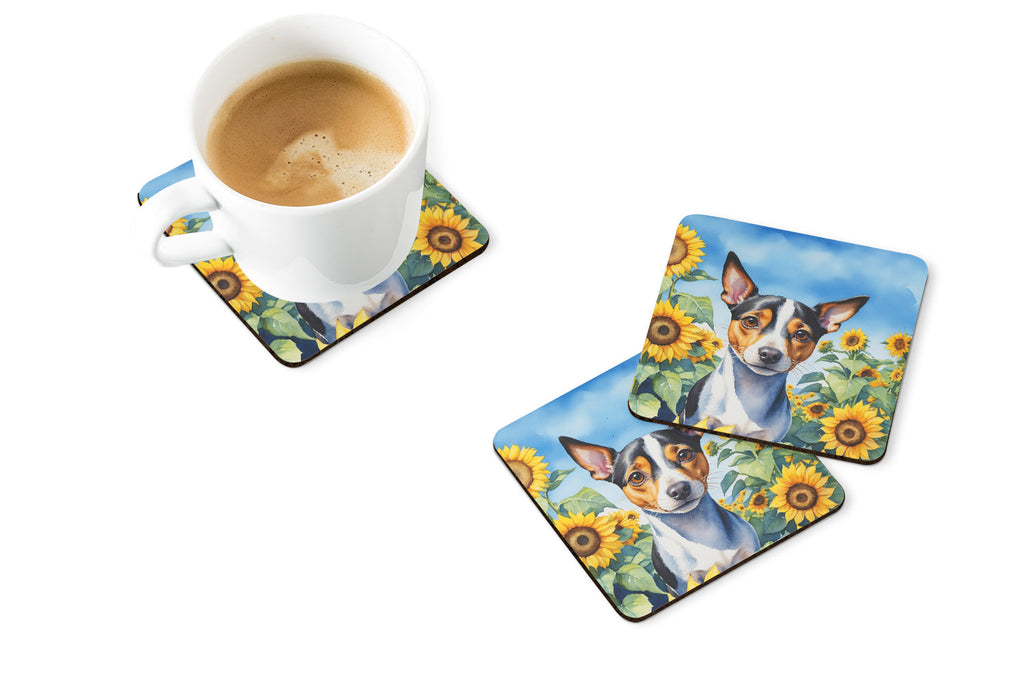 Rat Terrier in Sunflowers Foam Coasters Set of 4 Cup Coasters for Indoor Outdoor, Tabletop Protection, Anti Slip, Mouse pad Material