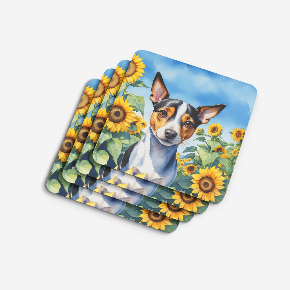 Rat Terrier in Sunflowers Foam Coasters Set of 4 Cup Coasters for Indoor Outdoor, Tabletop Protection, Anti Slip, Mouse pad Material