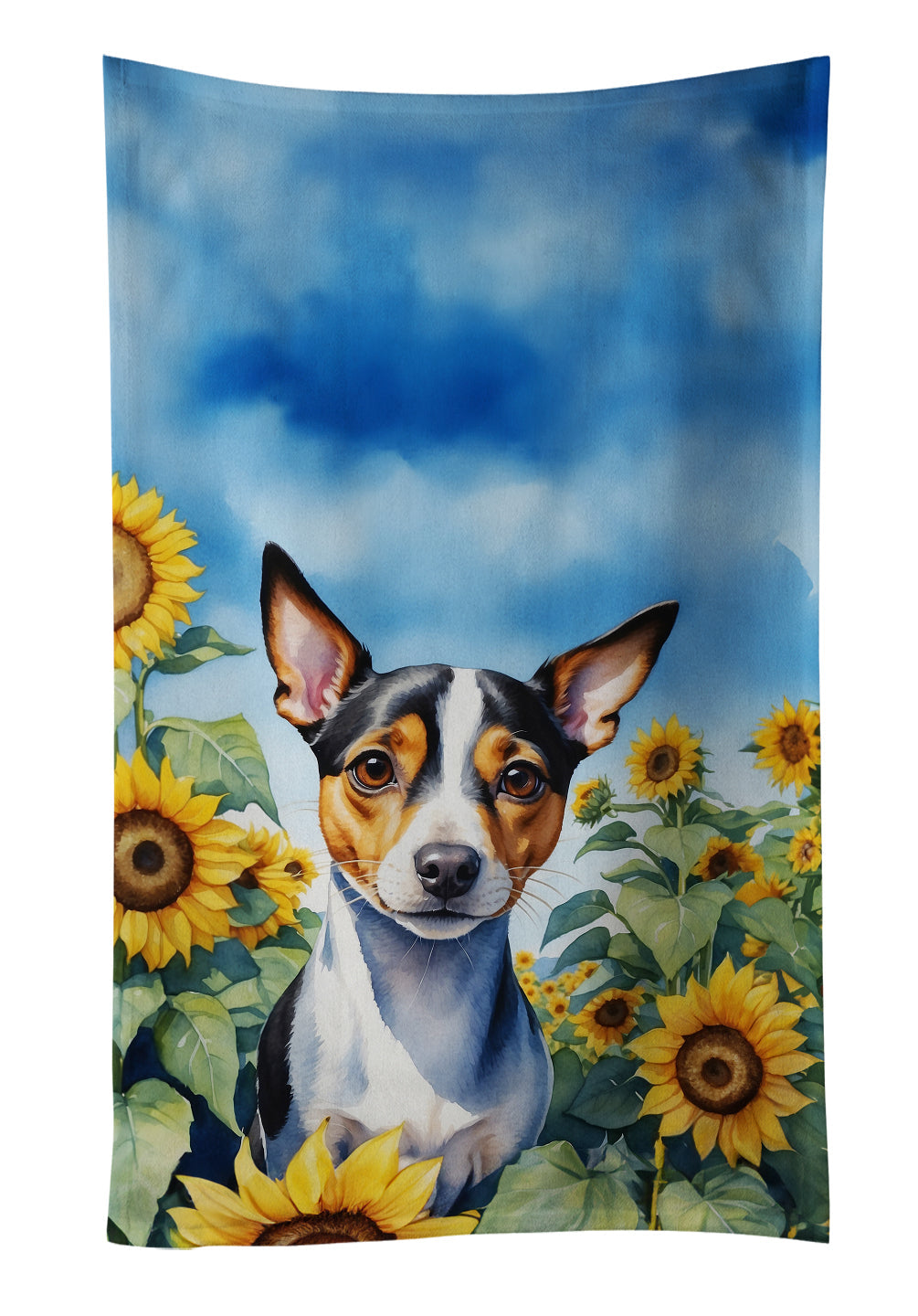 Rat Terrier in Sunflowers Kitchen Towel Velour Plush Front and Cotton Loop Back Machine Washable