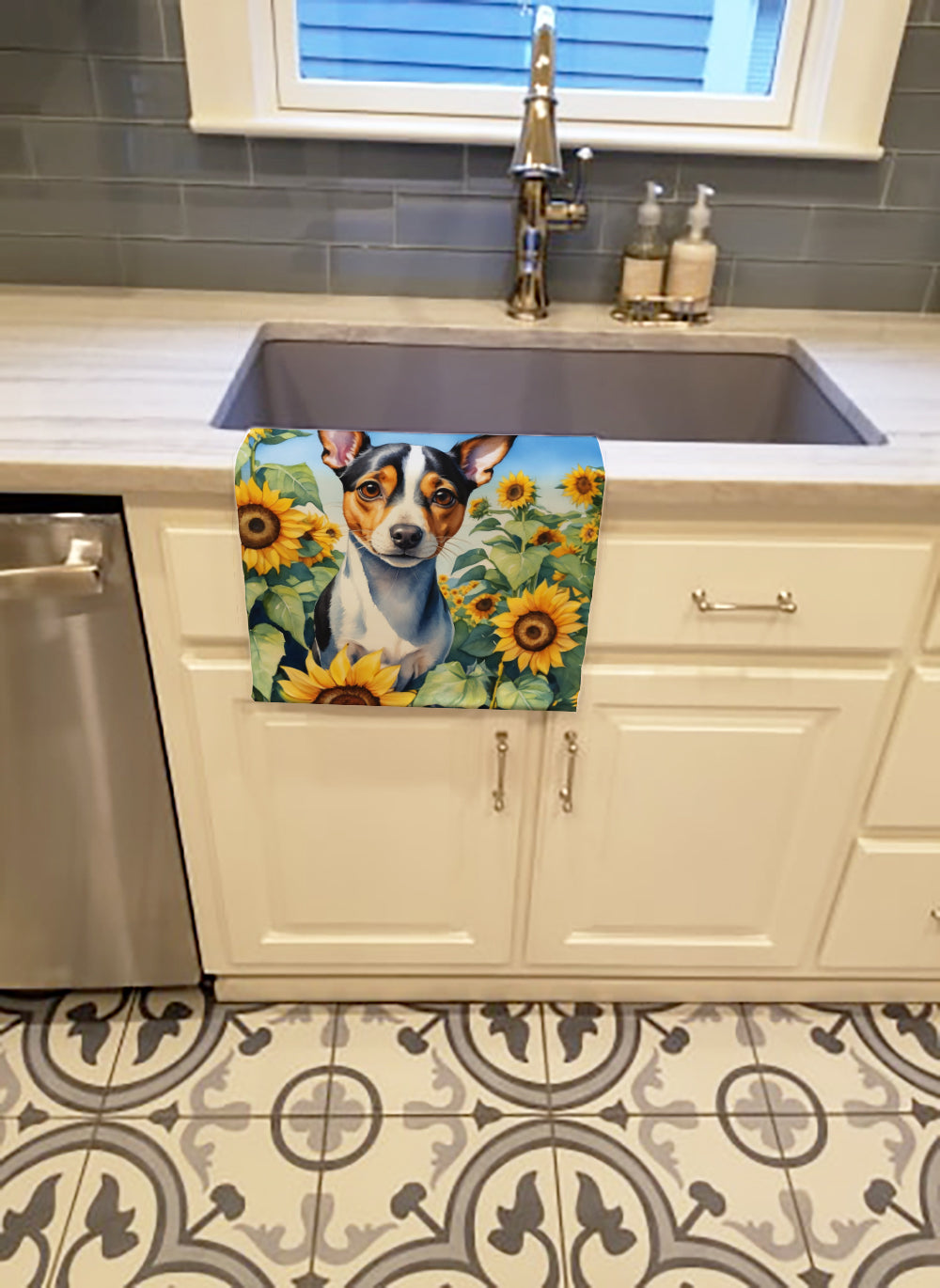 Rat Terrier in Sunflowers Kitchen Towel Velour Plush Front and Cotton Loop Back Machine Washable