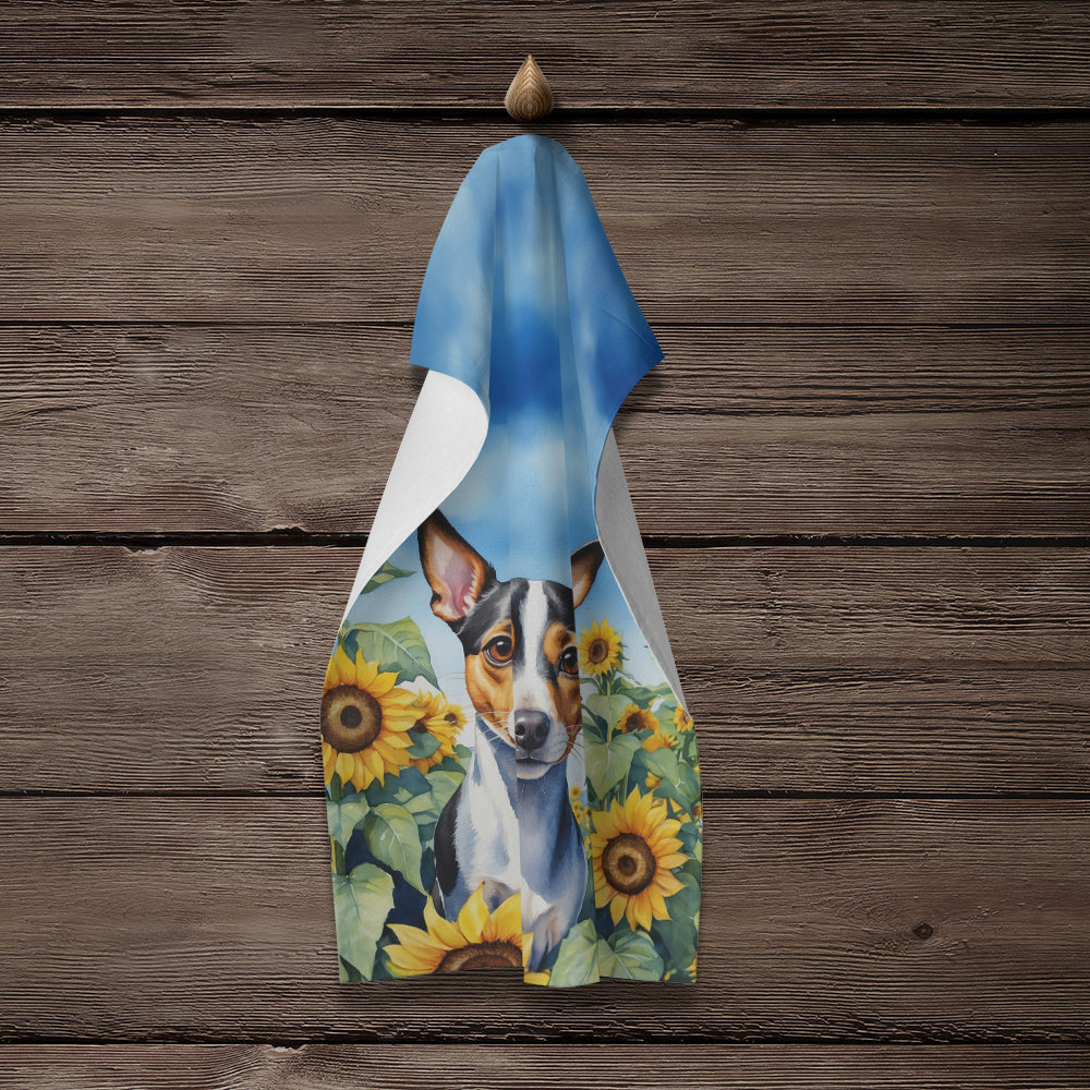 Rat Terrier in Sunflowers Kitchen Towel Velour Plush Front and Cotton Loop Back Machine Washable