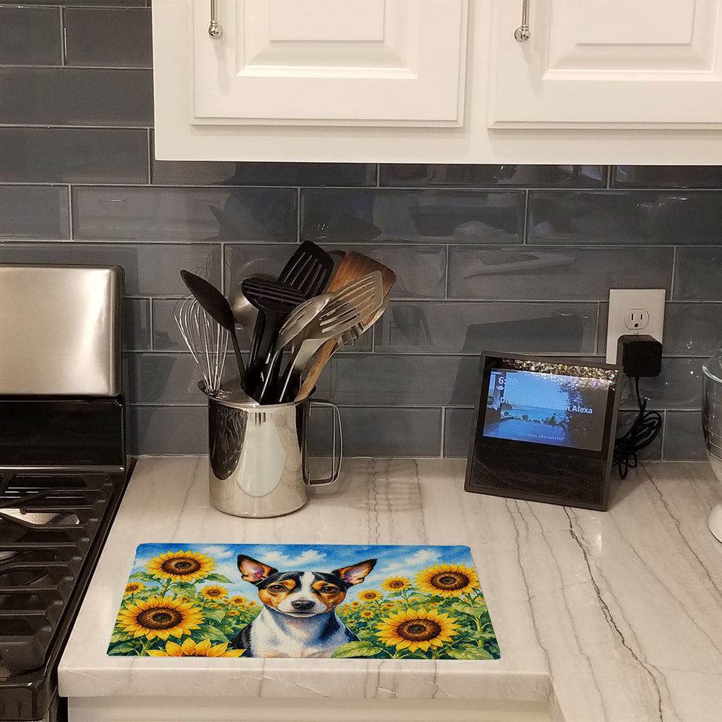 Rat Terrier in Sunflowers Cutting Board Tempered Glass Kitchen Cutting Surface, Heat Resistant Chopping Board with Non-Slip Feet, Decorative Food Prep & Serving