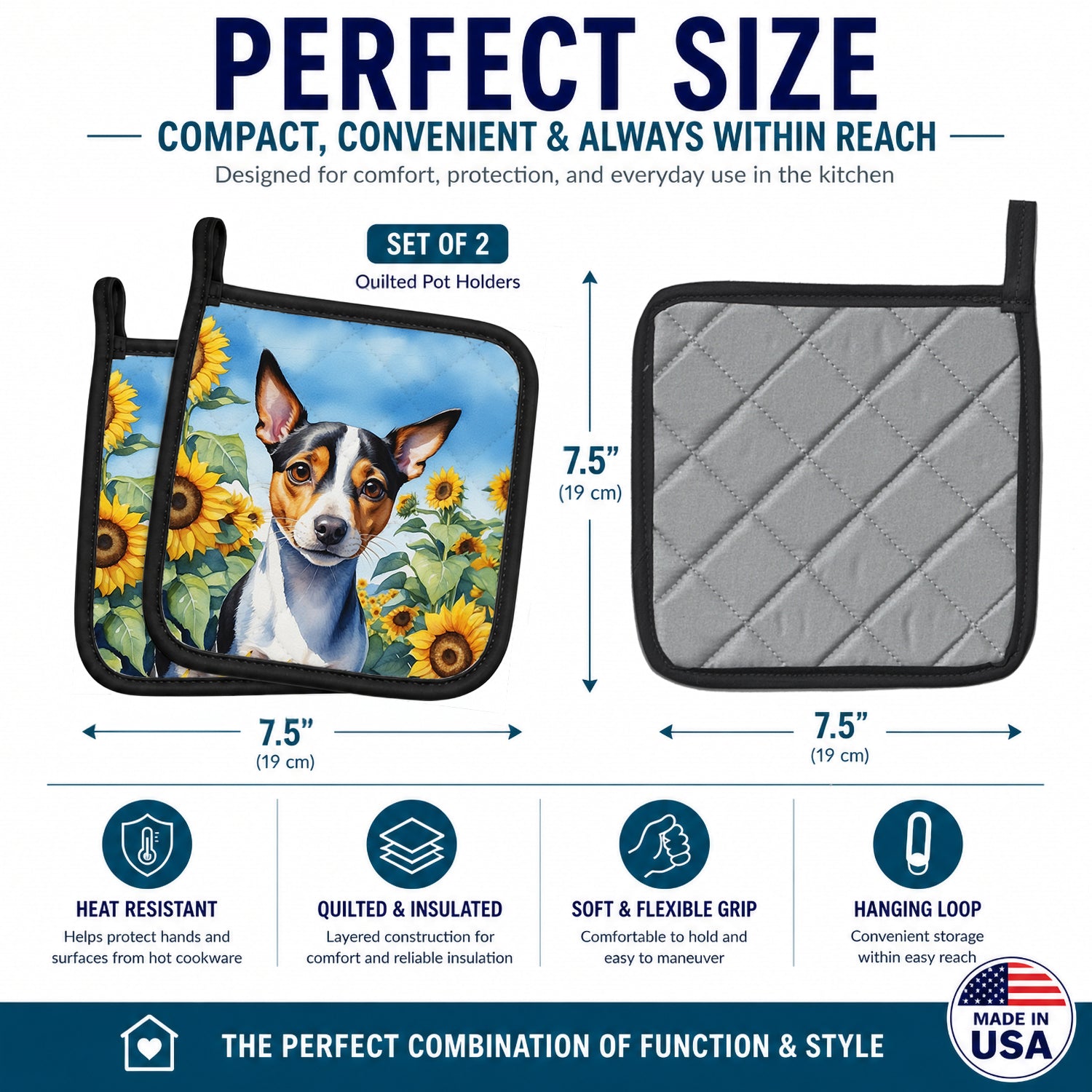 Rat Terrier in Sunflowers Pot Holder Set of 2 Heat Resistant Quilted Hot Pads 7.5 x 7.5 Inch, Insulated Kitchen Trivets for Cooking & Baking