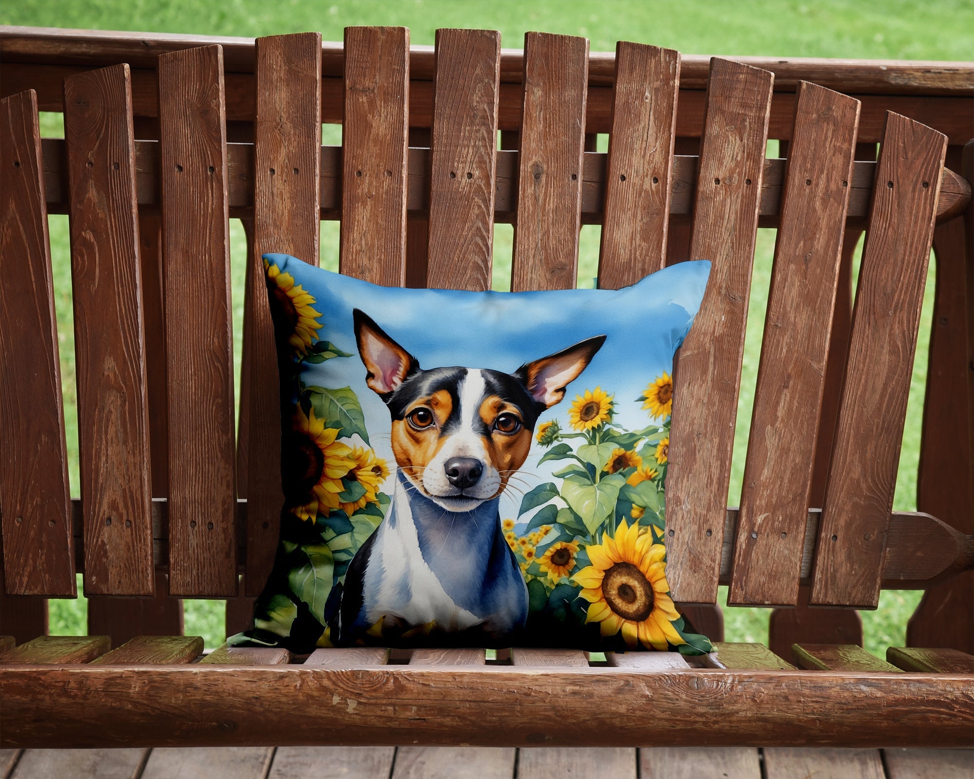 Rat Terrier in Sunflowers Decorative Throw Pillow 14x14 Indoor Outdoor Accent Cushion, Fabric Cover with Insert for Sofa, Bed, Porch & Living Room