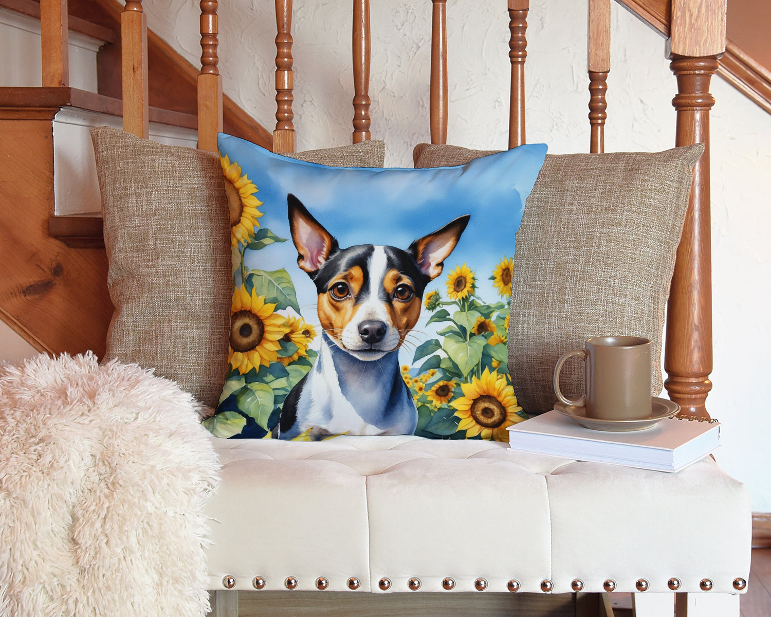 Rat Terrier in Sunflowers Decorative Throw Pillow 14x14 Indoor Outdoor Accent Cushion, Fabric Cover with Insert for Sofa, Bed, Porch & Living Room