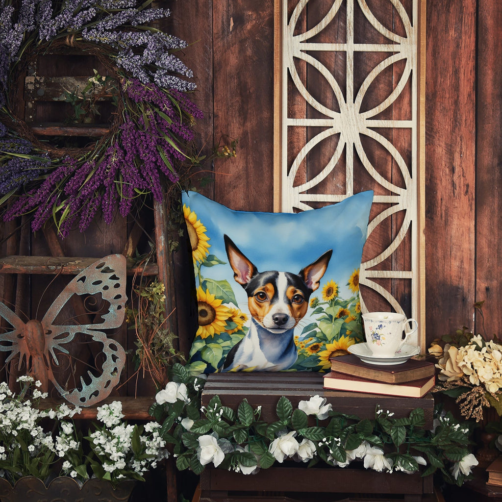 Rat Terrier in Sunflowers Decorative Throw Pillow 14x14 Indoor Outdoor Accent Cushion, Fabric Cover with Insert for Sofa, Bed, Porch & Living Room