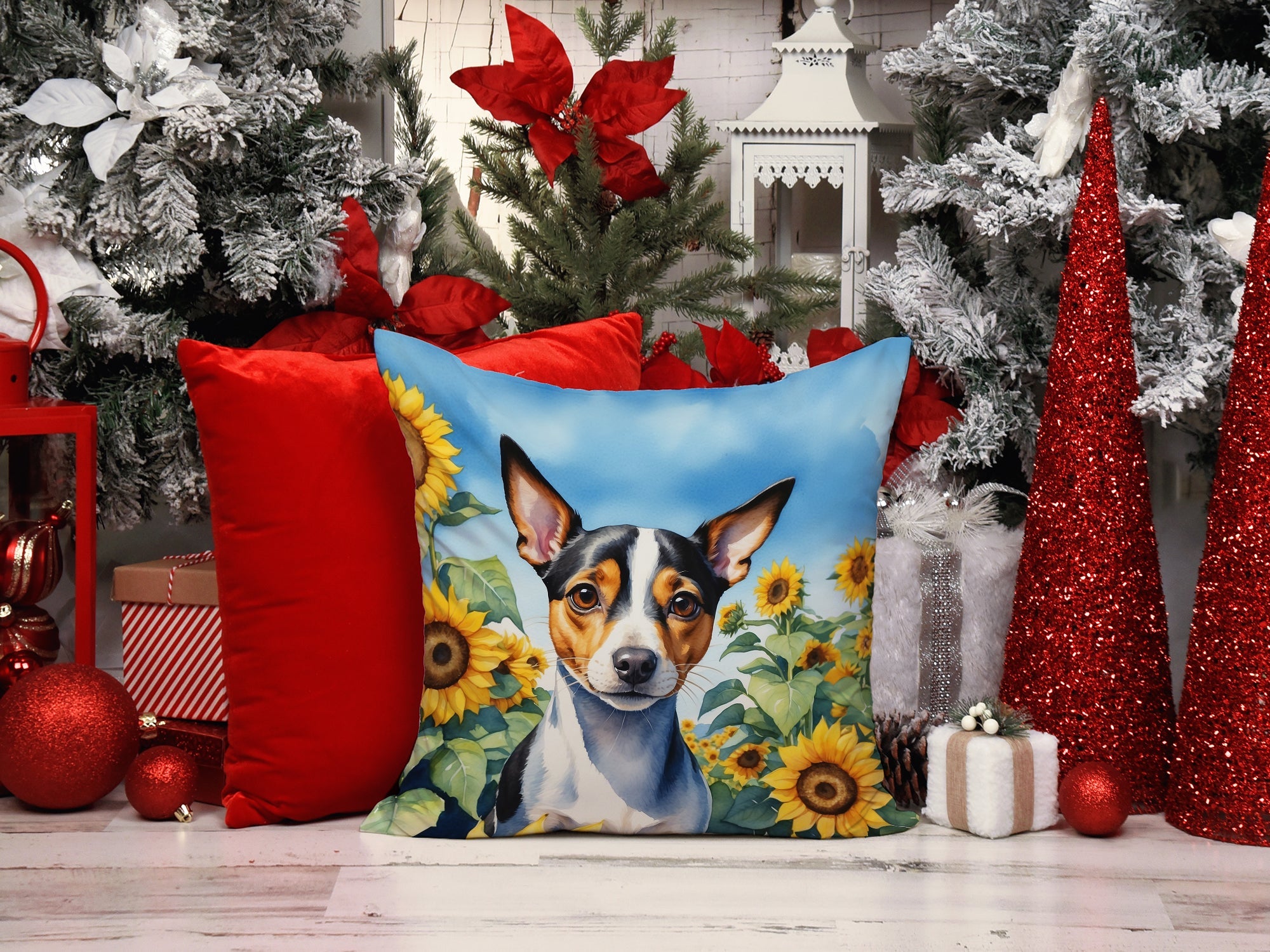 Rat Terrier in Sunflowers Decorative Throw Pillow 14x14 Indoor Outdoor Accent Cushion, Fabric Cover with Insert for Sofa, Bed, Porch & Living Room