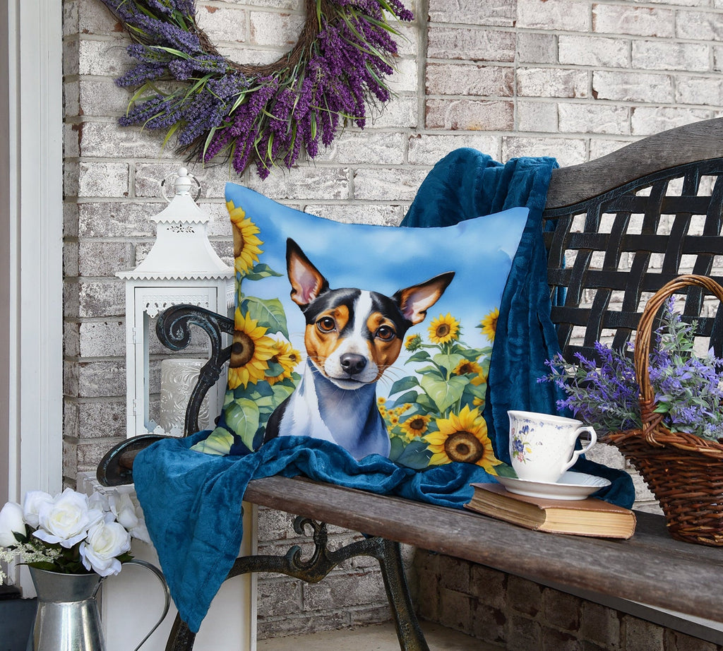 Rat Terrier in Sunflowers Decorative Throw Pillow 18x18 Indoor Outdoor Accent Cushion, Fabric Cover with Insert for Sofa, Bed, Porch & Living Room