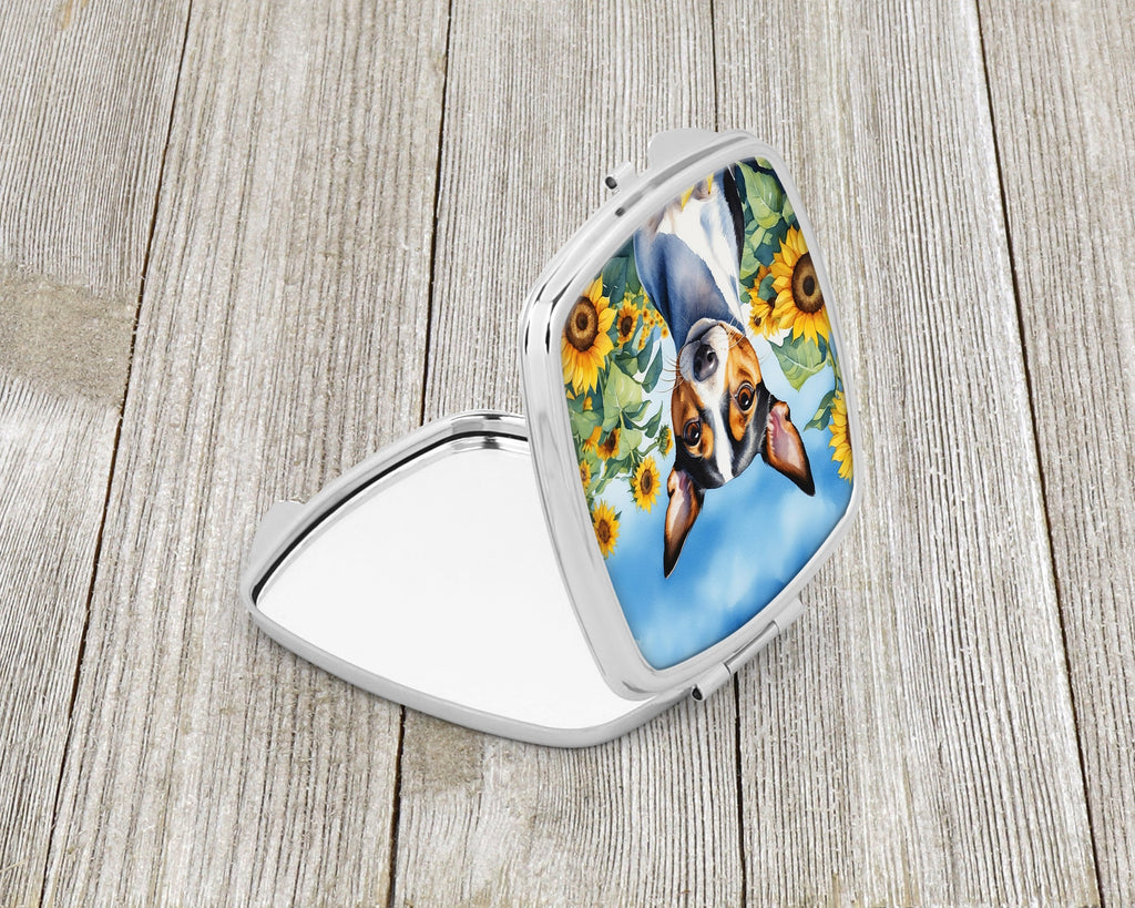 Rat Terrier in Sunflowers Compact Mirror Decorative Travel Makeup Mirror for Women Girls Gifts Pocket Makeup Mirror Folding Handheld