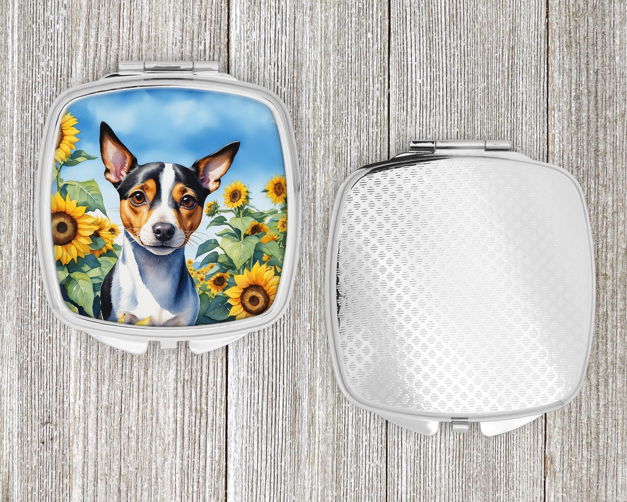 Rat Terrier in Sunflowers Compact Mirror Decorative Travel Makeup Mirror for Women Girls Gifts Pocket Makeup Mirror Folding Handheld