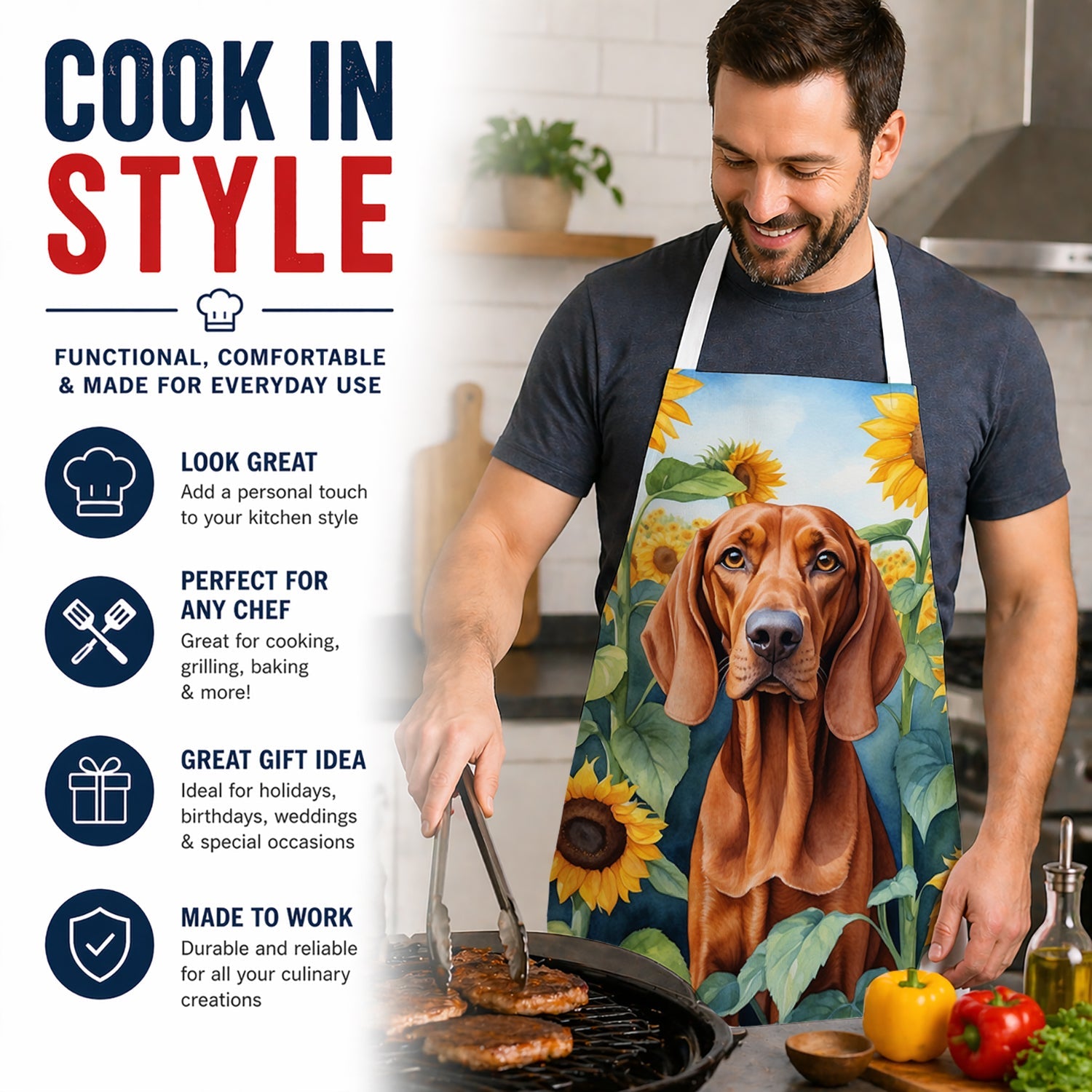 Redbone Coonhound in Sunflowers Apron Cooking Kitchen Server Baking Crafts Gardening for Adult Women Men, Unisex, Large, Multicolor