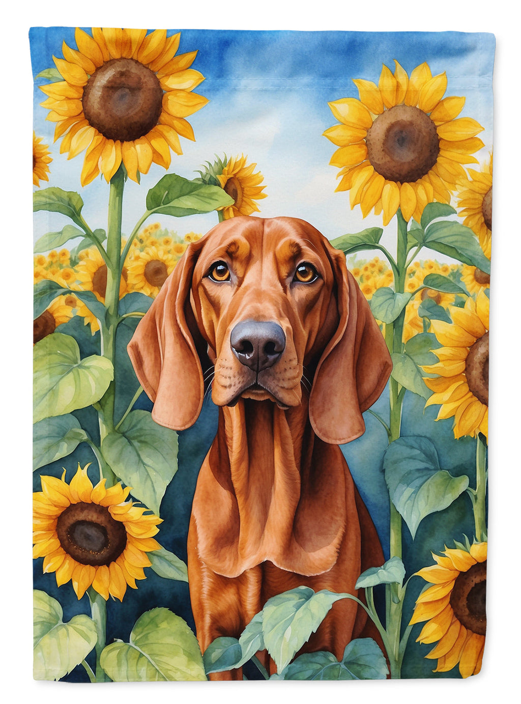 Redbone Coonhound in Sunflowers House Flag 28x40 Porch Sleeve Pole Decorative Outside Yard Banner Artwork Wall Hanging, Polyester