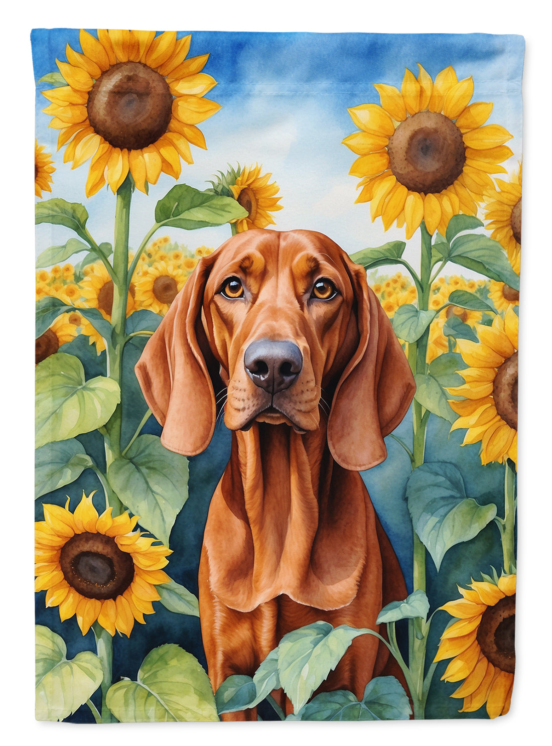 Redbone Coonhound in Sunflowers House Flag 28x40 Porch Sleeve Pole Decorative Outside Yard Banner Artwork Wall Hanging, Polyester