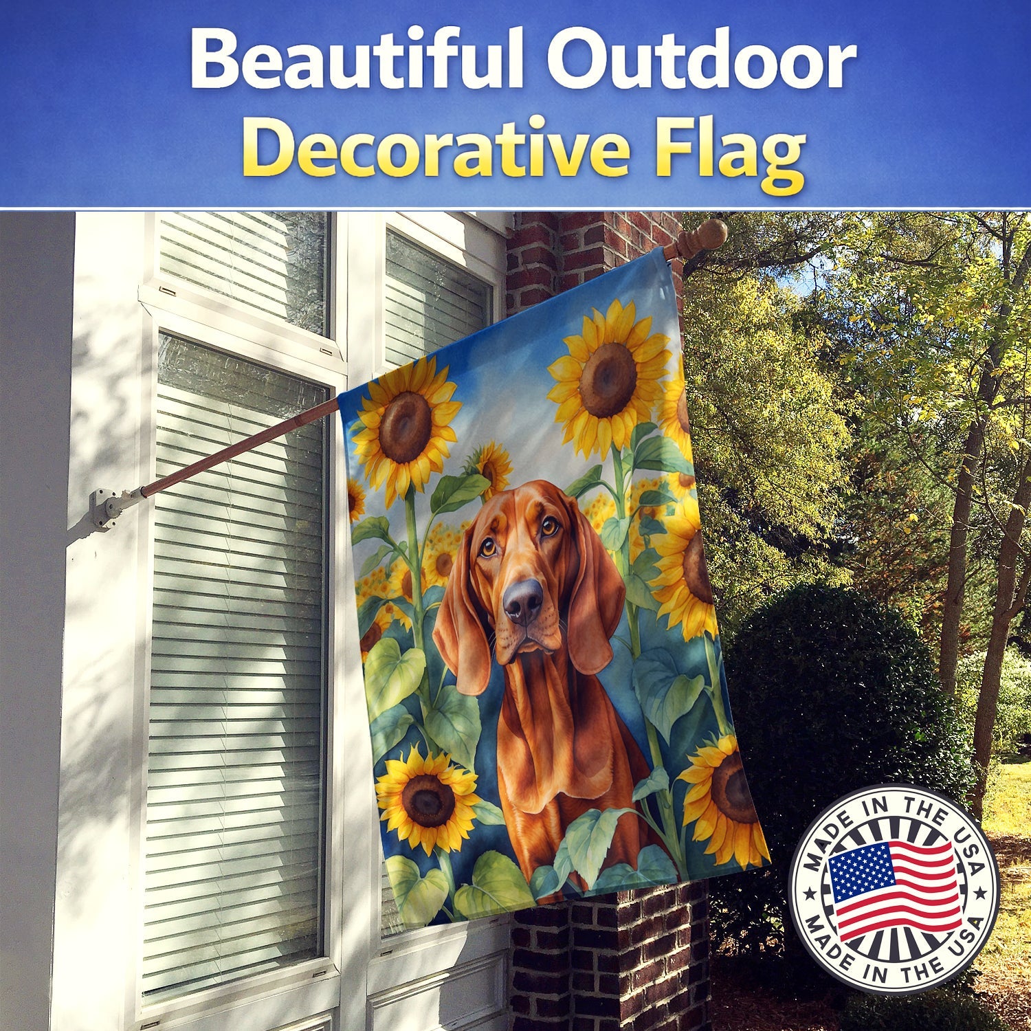 Redbone Coonhound in Sunflowers House Flag 28x40 Porch Sleeve Pole Decorative Outside Yard Banner Artwork Wall Hanging, Polyester