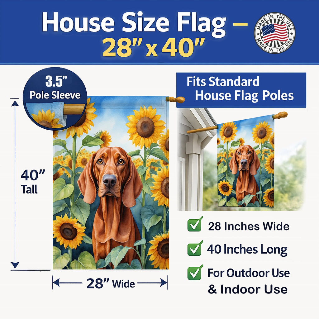 Redbone Coonhound in Sunflowers House Flag 28x40 Porch Sleeve Pole Decorative Outside Yard Banner Artwork Wall Hanging, Polyester