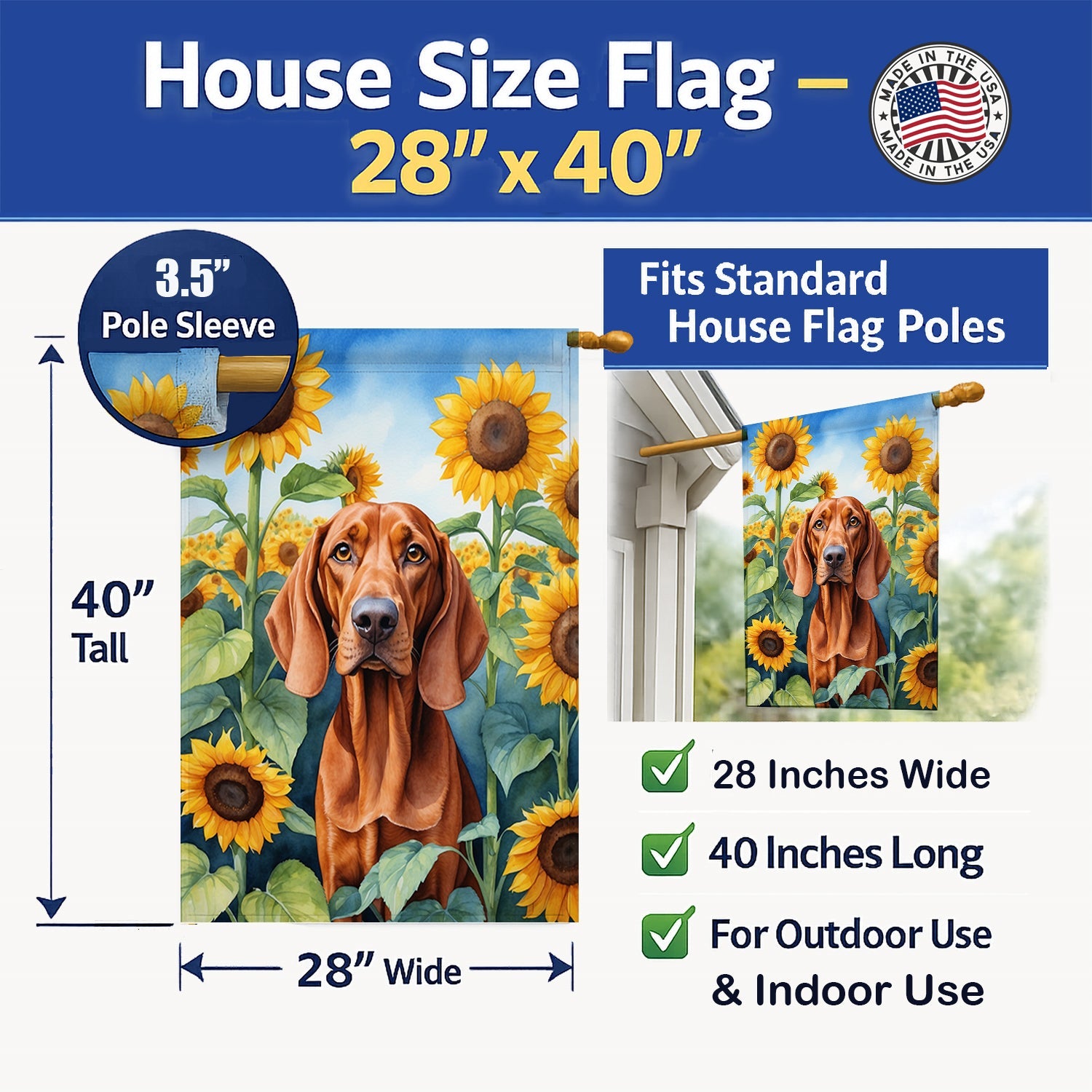 Redbone Coonhound in Sunflowers House Flag 28x40 Porch Sleeve Pole Decorative Outside Yard Banner Artwork Wall Hanging, Polyester