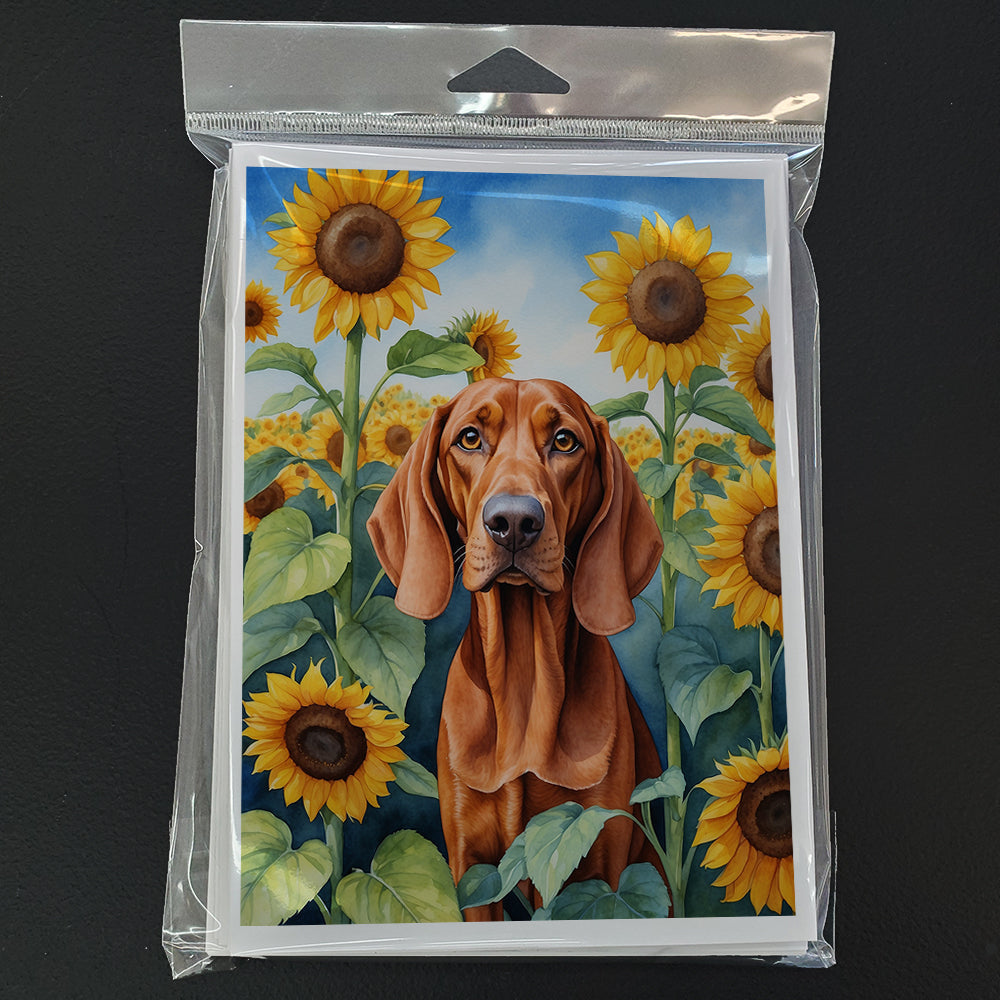 Redbone Coonhound in Sunflowers Greeting Cards Pack of 8 Blank Cards with Envelopes Whimsical A7 Size 5x7