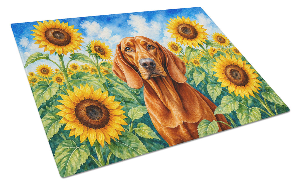 Redbone Coonhound in Sunflowers Cutting Board Tempered Glass Kitchen Cutting Surface, Heat Resistant Chopping Board with Non-Slip Feet, Decorative Food Prep & Serving