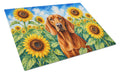 Redbone Coonhound in Sunflowers Cutting Board Tempered Glass Kitchen Cutting Surface, Heat Resistant Chopping Board with Non-Slip Feet, Decorative Food Prep & Serving