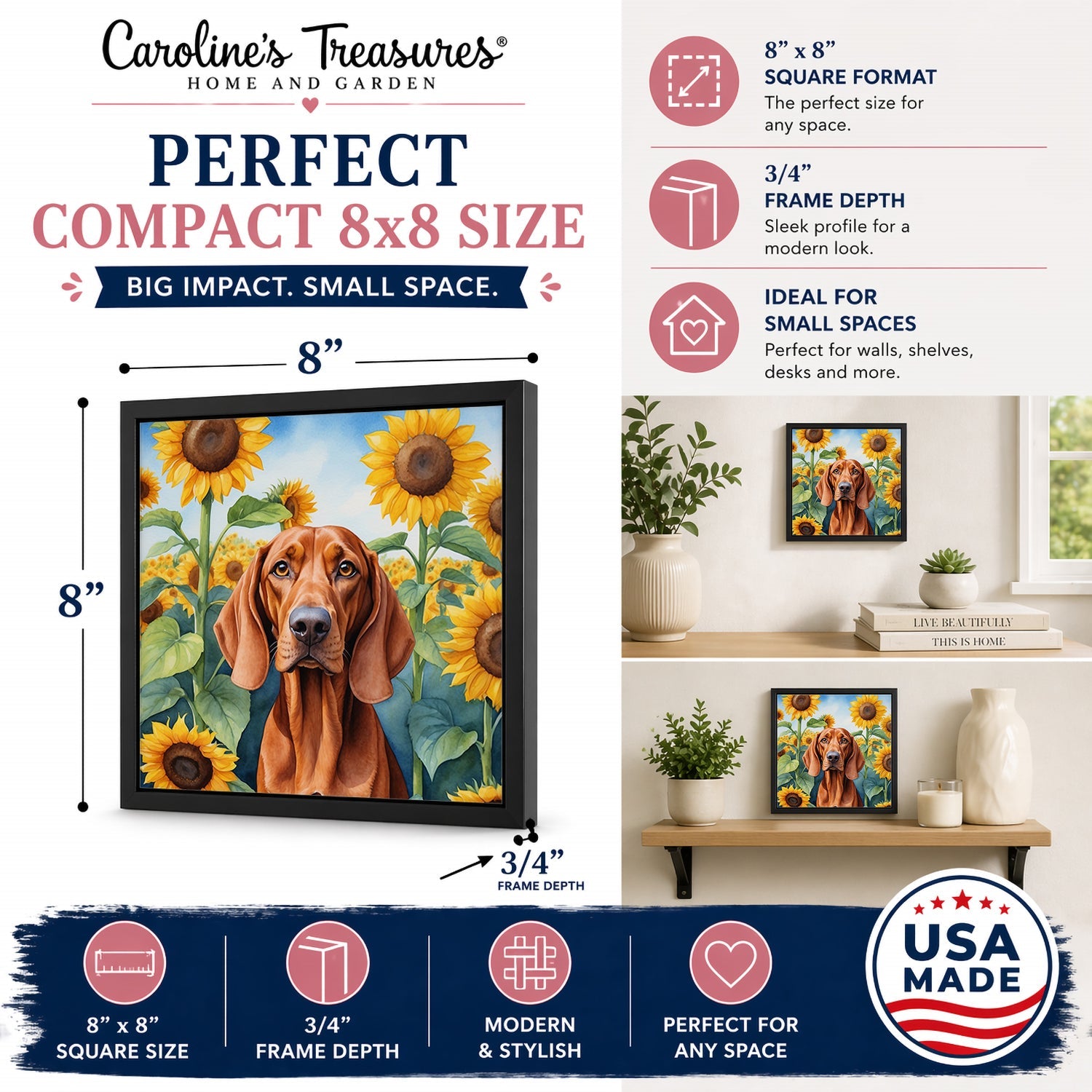 Redbone Coonhound in Sunflowers Framed Metal Print Bathroom, Kitchen, Office, Home Decor Wall Art Ready to Hang, Square, 8X8