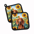 Redbone Coonhound in Sunflowers Pot Holder Set of 2 Heat Resistant Quilted Hot Pads 7.5 x 7.5 Inch, Insulated Kitchen Trivets for Cooking & Baking