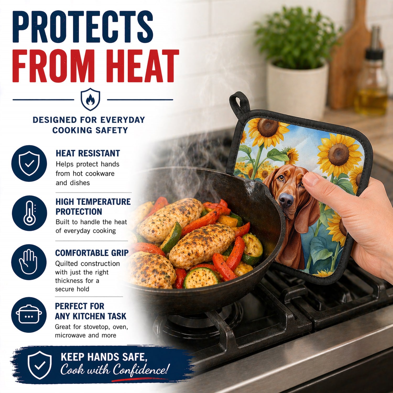 Redbone Coonhound in Sunflowers Pot Holder Set of 2 Heat Resistant Quilted Hot Pads 7.5 x 7.5 Inch, Insulated Kitchen Trivets for Cooking & Baking