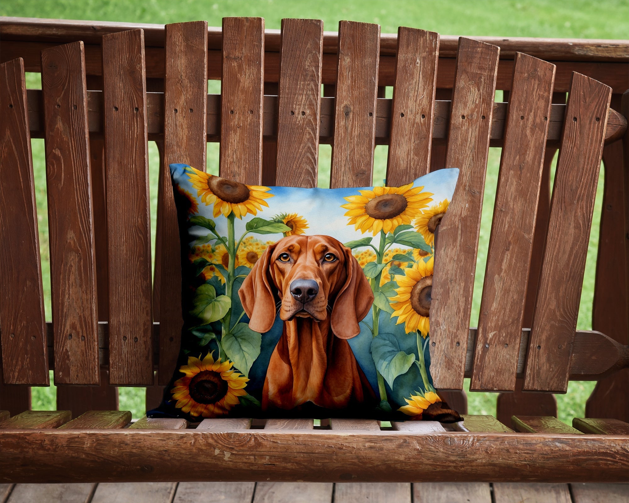 Redbone Coonhound in Sunflowers Decorative Throw Pillow 14x14 Indoor Outdoor Accent Cushion, Fabric Cover with Insert for Sofa, Bed, Porch & Living Room