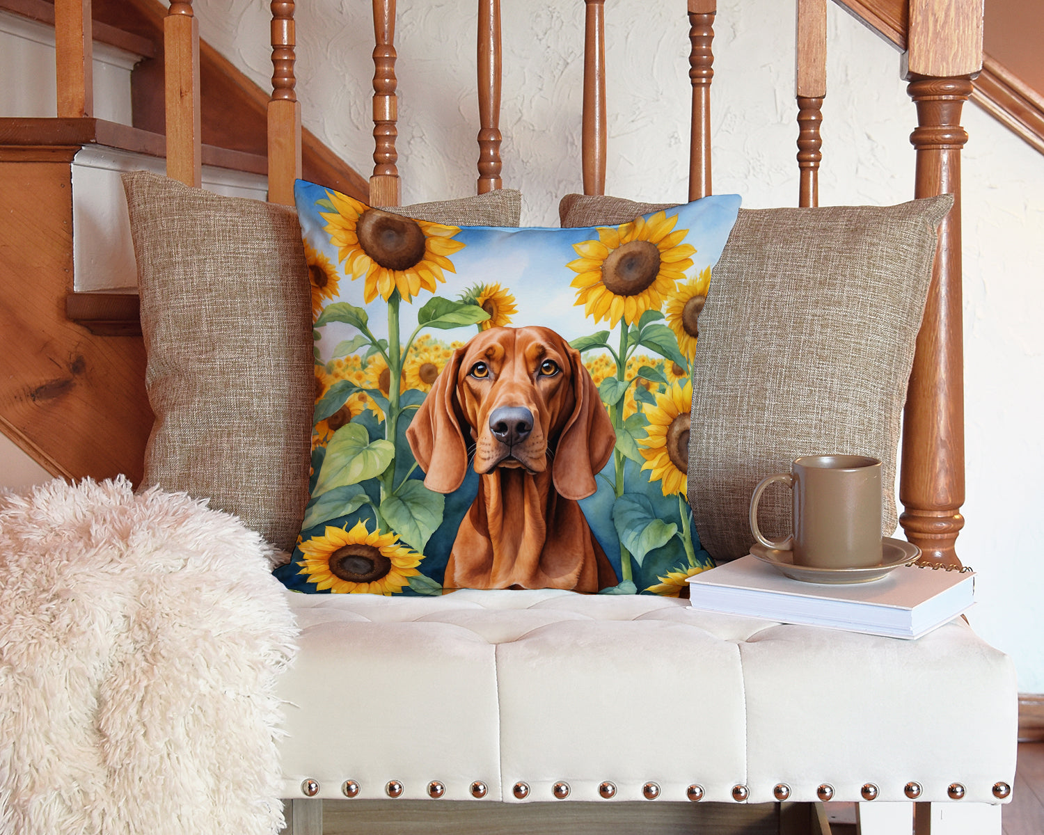 Redbone Coonhound in Sunflowers Decorative Throw Pillow 14x14 Indoor Outdoor Accent Cushion, Fabric Cover with Insert for Sofa, Bed, Porch & Living Room