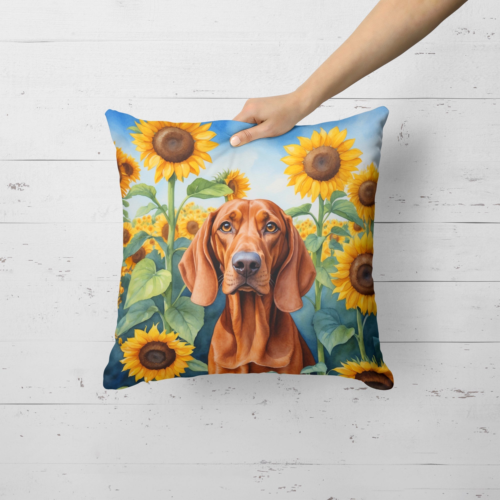 Redbone Coonhound in Sunflowers Decorative Throw Pillow 18x18 Indoor Outdoor Accent Cushion, Fabric Cover with Insert for Sofa, Bed, Porch & Living Room