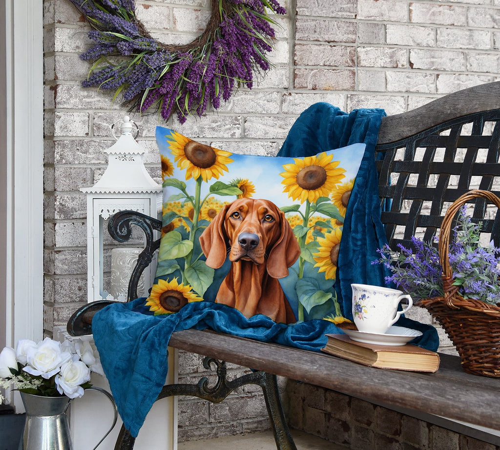Redbone Coonhound in Sunflowers Decorative Throw Pillow 18x18 Indoor Outdoor Accent Cushion, Fabric Cover with Insert for Sofa, Bed, Porch & Living Room