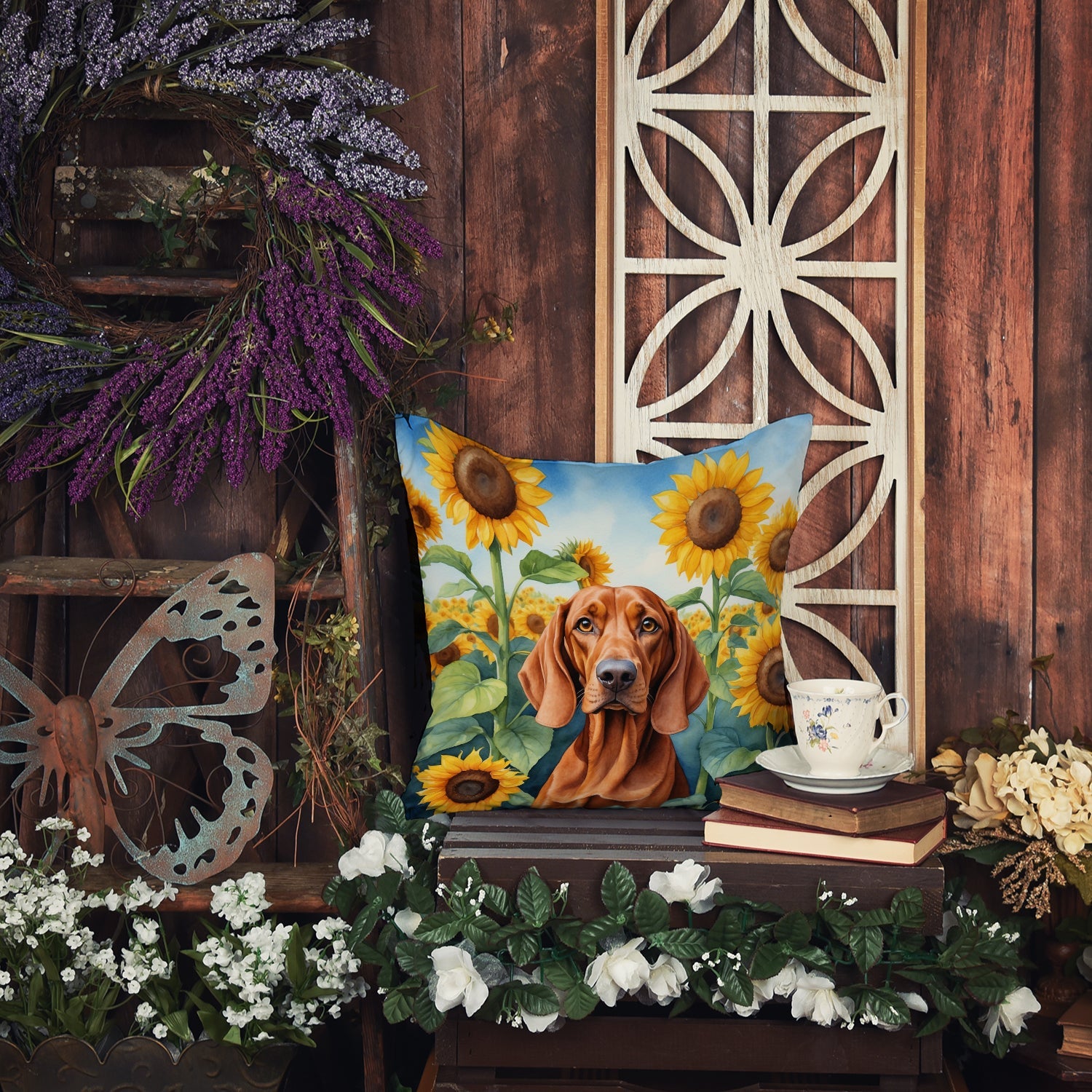 Redbone Coonhound in Sunflowers Decorative Throw Pillow 18x18 Indoor Outdoor Accent Cushion, Fabric Cover with Insert for Sofa, Bed, Porch & Living Room