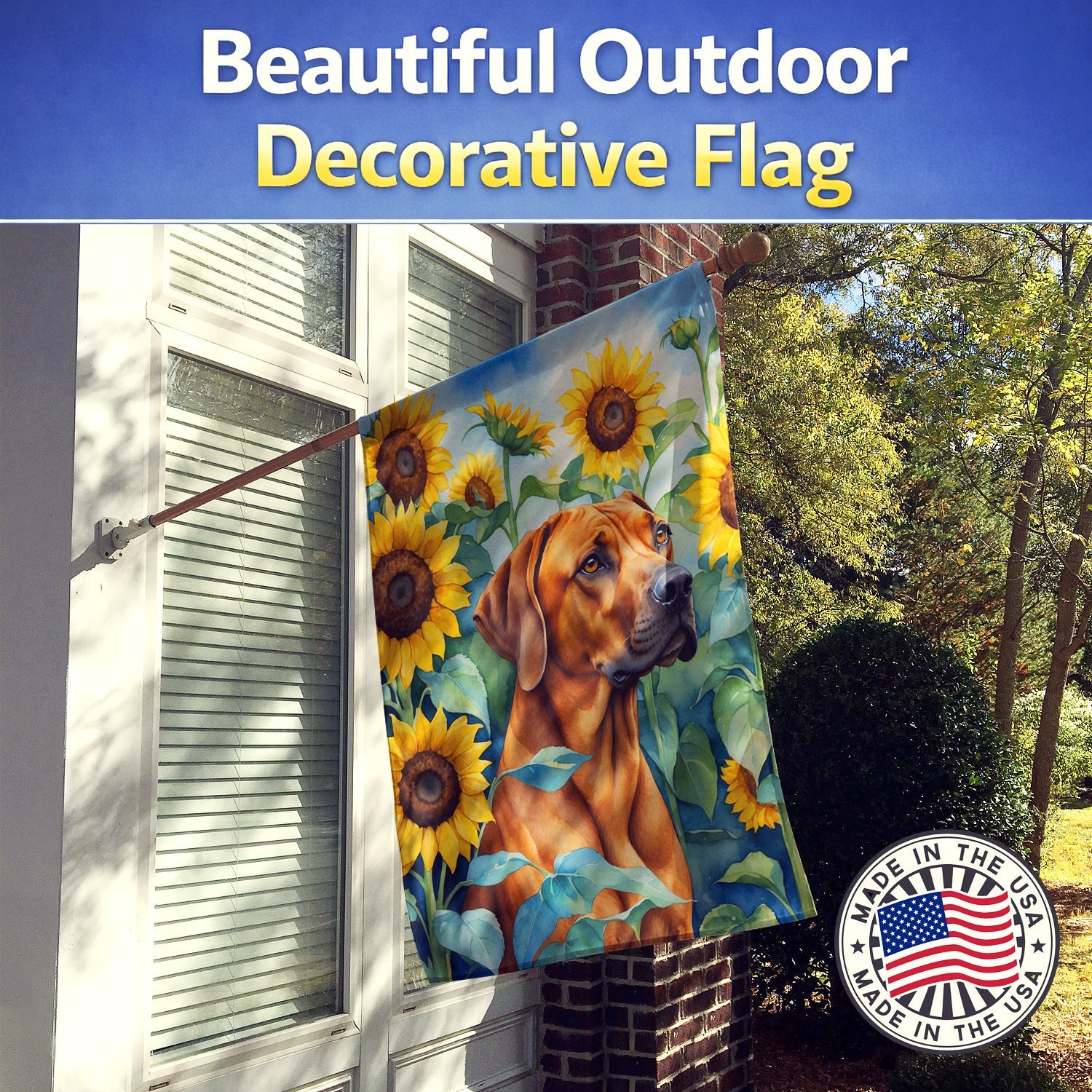Rhodesian Ridgeback in Sunflowers House Flag 28x40 Porch Sleeve Pole Decorative Outside Yard Banner Artwork Wall Hanging, Polyester