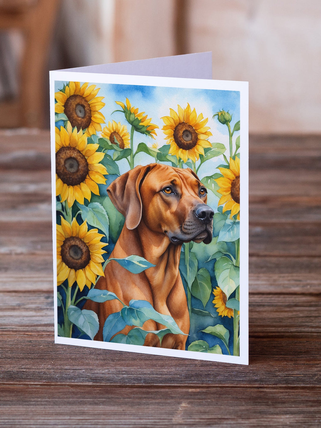 Rhodesian Ridgeback in Sunflowers Greeting Cards Pack of 8 Blank Cards with Envelopes Whimsical A7 Size 5x7