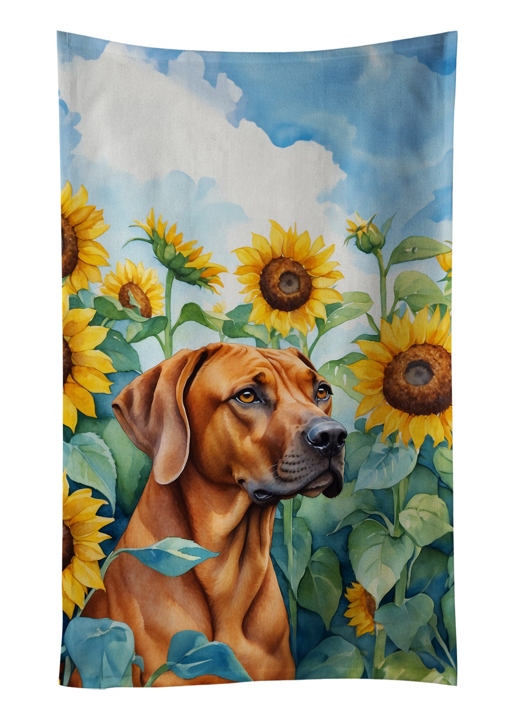 Rhodesian Ridgeback in Sunflowers Kitchen Towel Velour Plush Front and Cotton Loop Back Machine Washable