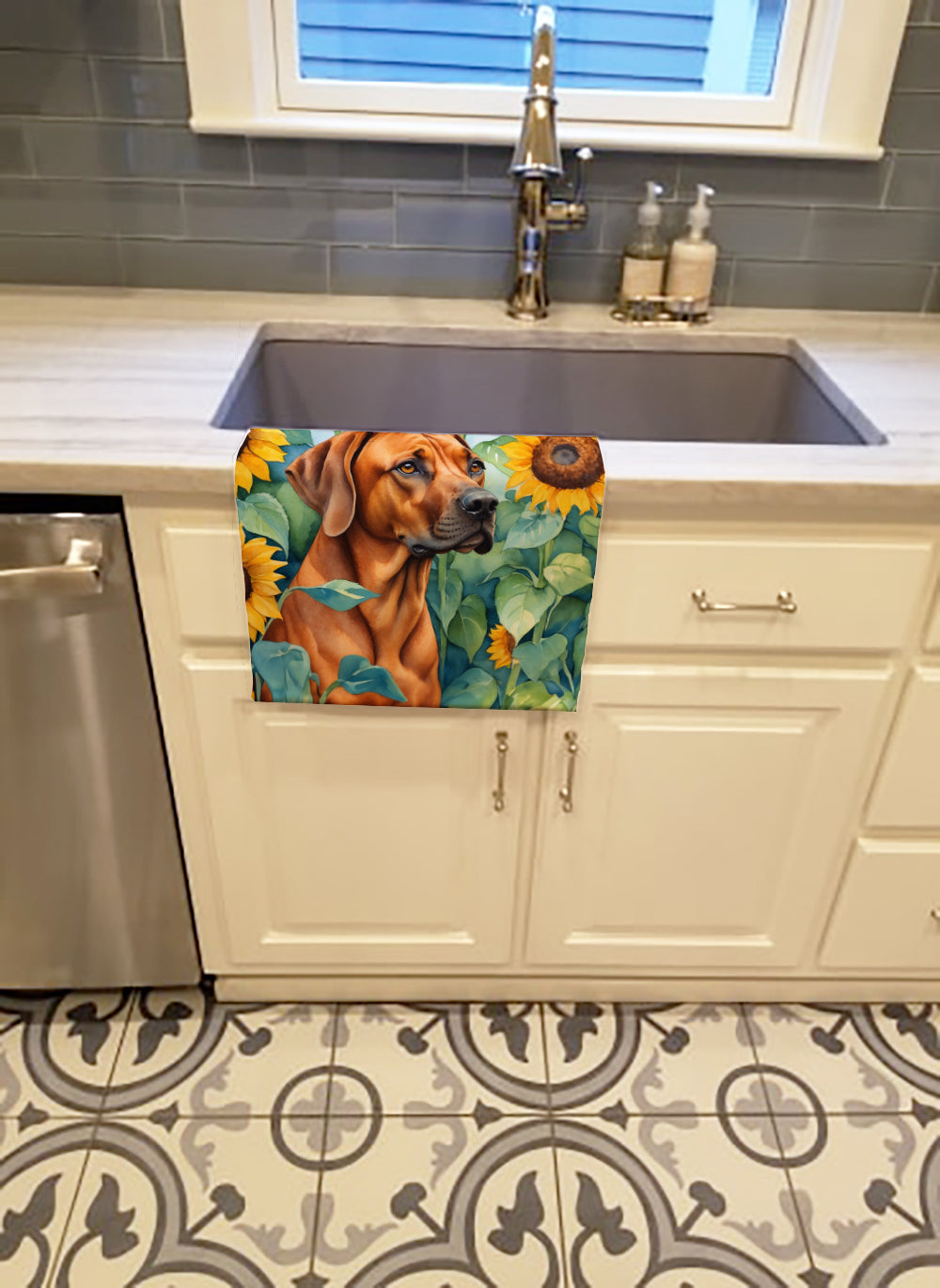 Rhodesian Ridgeback in Sunflowers Kitchen Towel Velour Plush Front and Cotton Loop Back Machine Washable