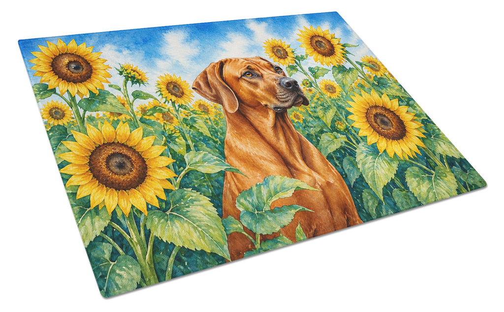 Rhodesian Ridgeback in Sunflowers Cutting Board Tempered Glass Kitchen Cutting Surface, Heat Resistant Chopping Board with Non-Slip Feet, Decorative Food Prep & Serving