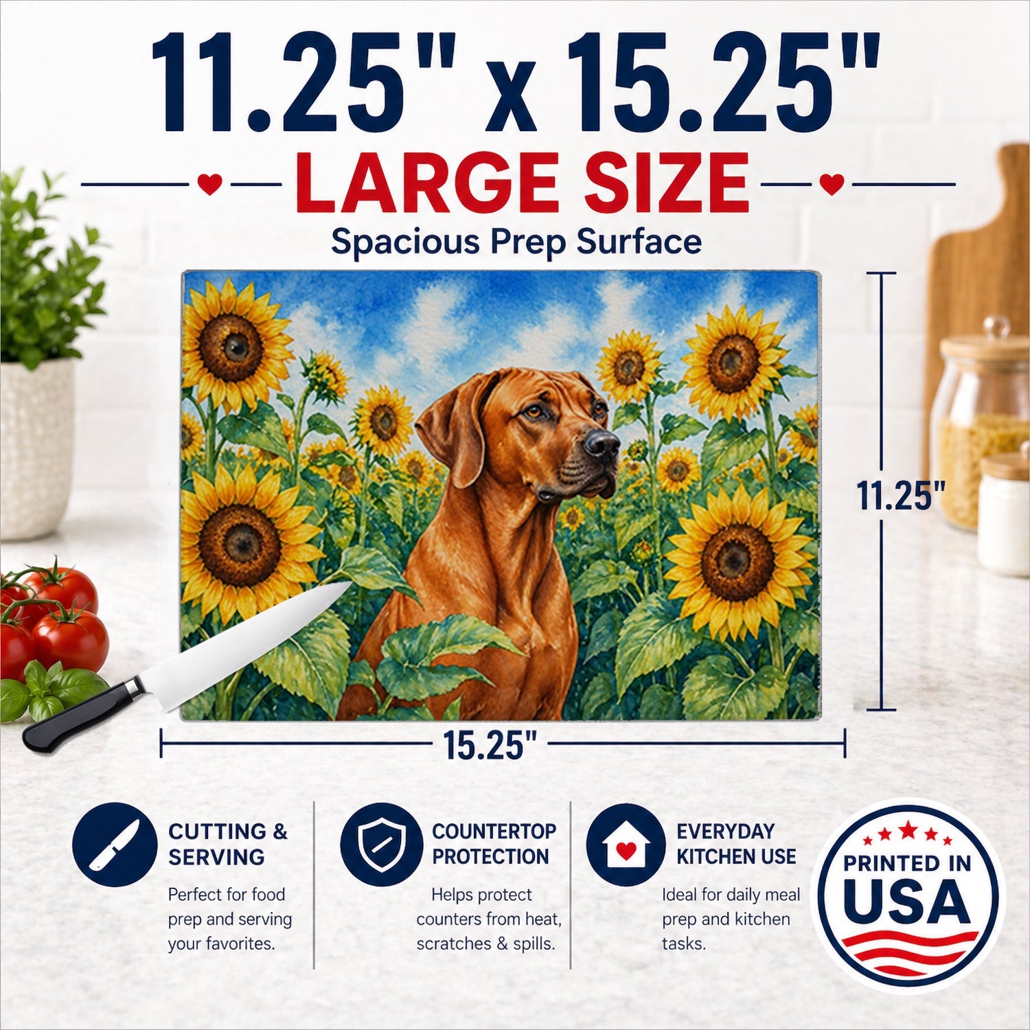 Rhodesian Ridgeback in Sunflowers Cutting Board Tempered Glass Kitchen Cutting Surface, Heat Resistant Chopping Board with Non-Slip Feet, Decorative Food Prep & Serving