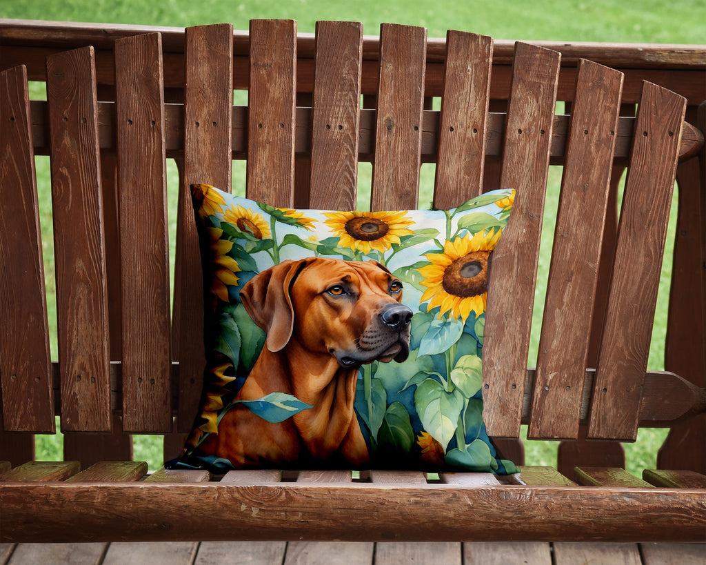 Rhodesian Ridgeback in Sunflowers Decorative Throw Pillow 14x14 Indoor Outdoor Accent Cushion, Fabric Cover with Insert for Sofa, Bed, Porch & Living Room