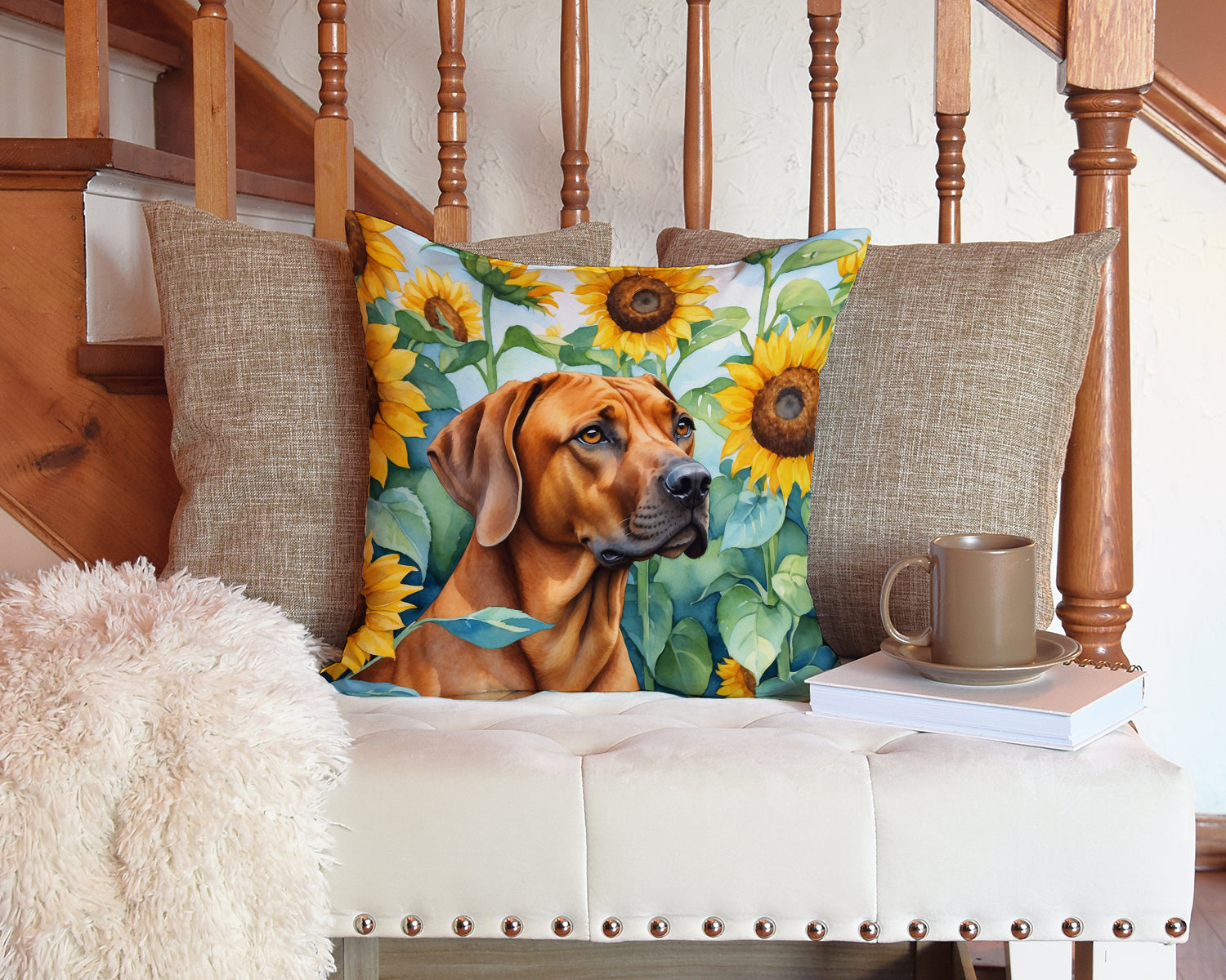 Rhodesian Ridgeback in Sunflowers Decorative Throw Pillow 14x14 Indoor Outdoor Accent Cushion, Fabric Cover with Insert for Sofa, Bed, Porch & Living Room