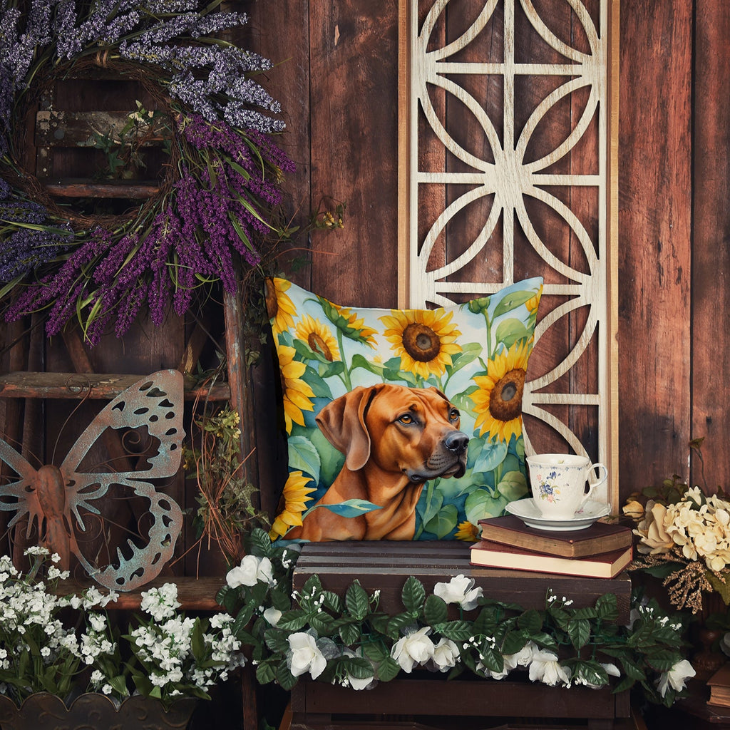 Rhodesian Ridgeback in Sunflowers Decorative Throw Pillow 14x14 Indoor Outdoor Accent Cushion, Fabric Cover with Insert for Sofa, Bed, Porch & Living Room