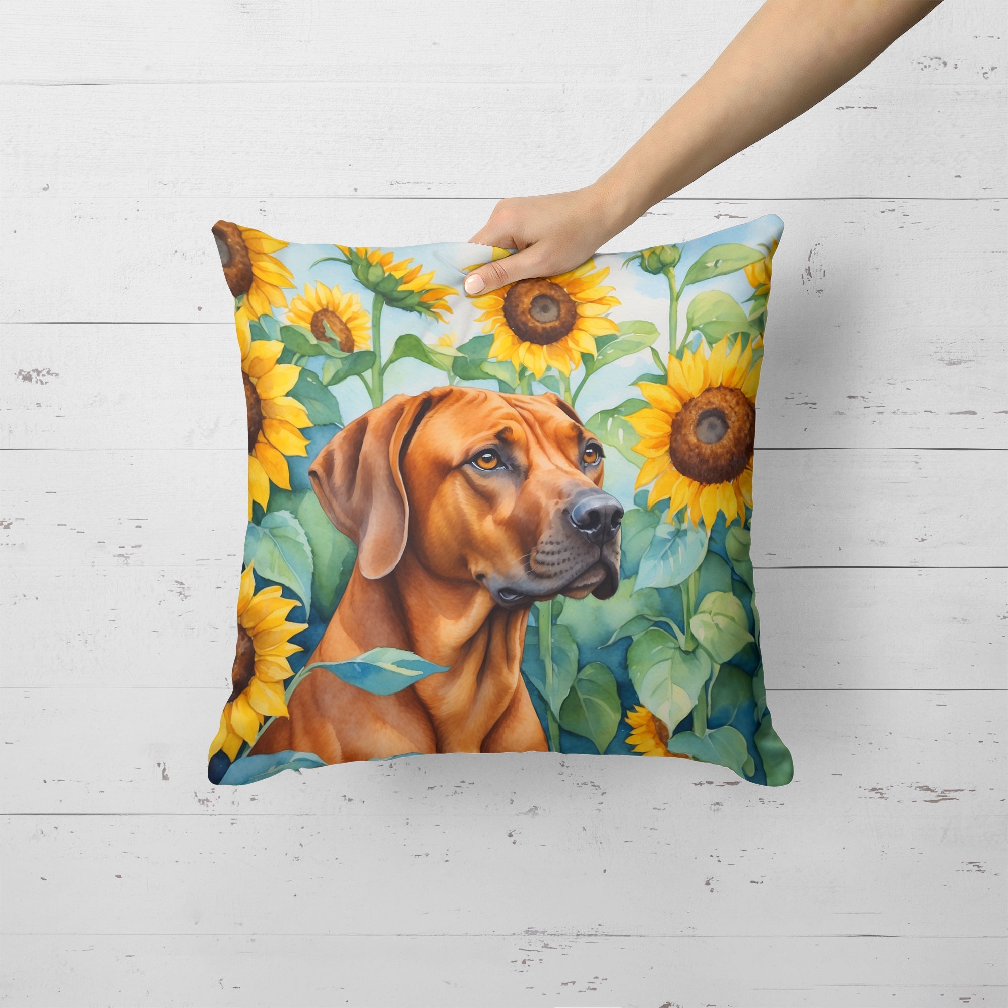 Rhodesian Ridgeback in Sunflowers Decorative Throw Pillow 18x18 Indoor Outdoor Accent Cushion, Fabric Cover with Insert for Sofa, Bed, Porch & Living Room