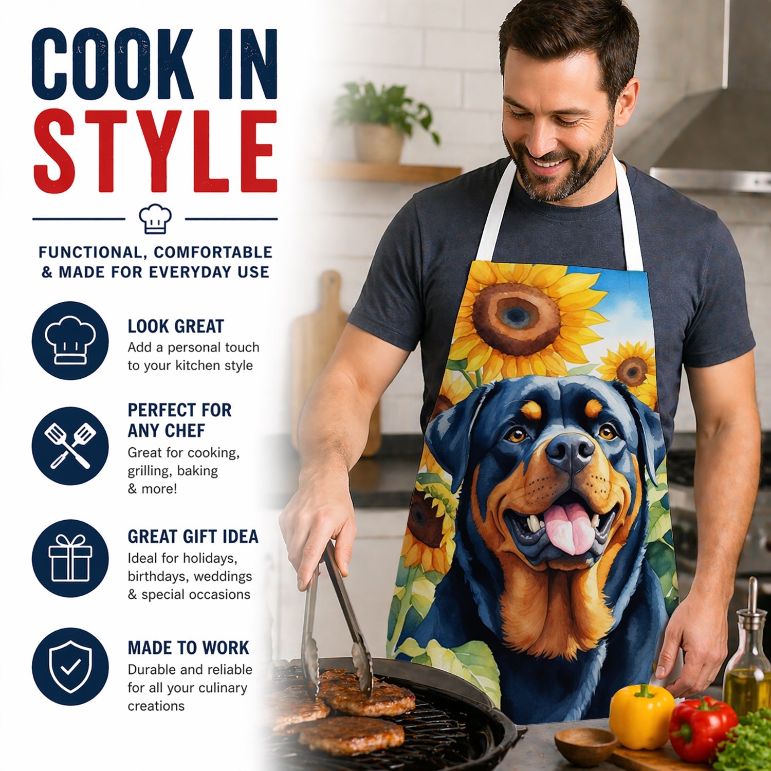 Rottweiler in Sunflowers Apron Cooking Kitchen Server Baking Crafts Gardening for Adult Women Men, Unisex, Large, Multicolor