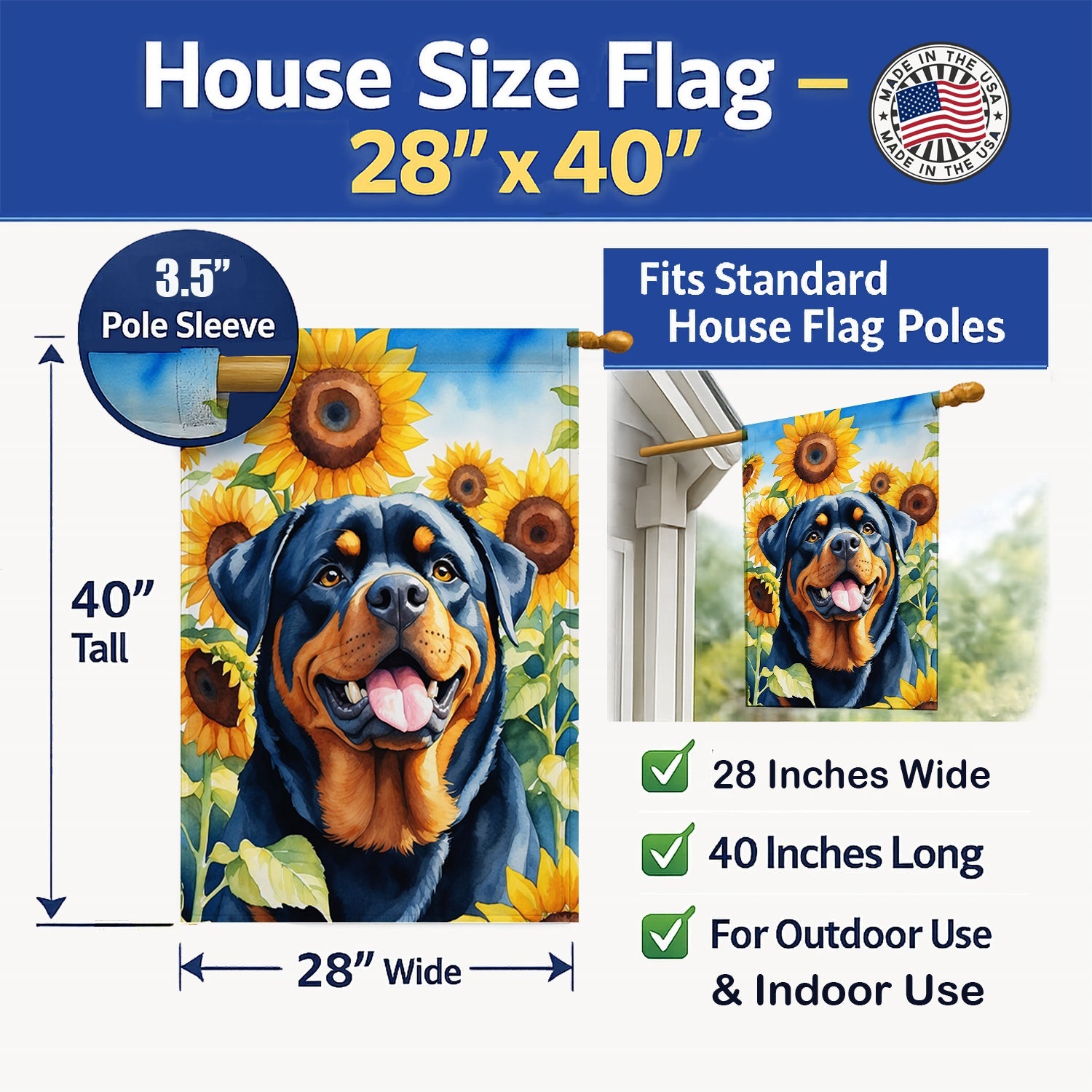 Rottweiler in Sunflowers House Flag 28x40 Porch Sleeve Pole Decorative Outside Yard Banner Artwork Wall Hanging, Polyester