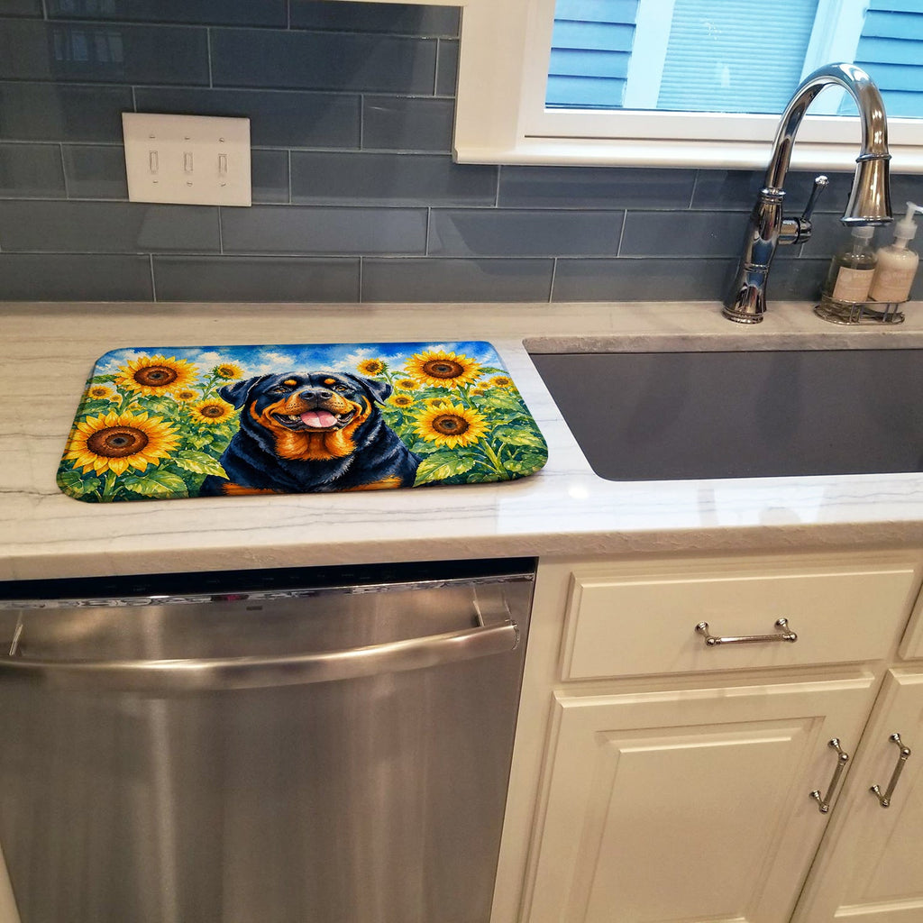 Rottweiler in Sunflowers Dish Drying Mat Absorbent Dish Drying Mat Pad for Kitchen Counter Dish Drainer Mat for Countertop, 14 x 21", Multicolor